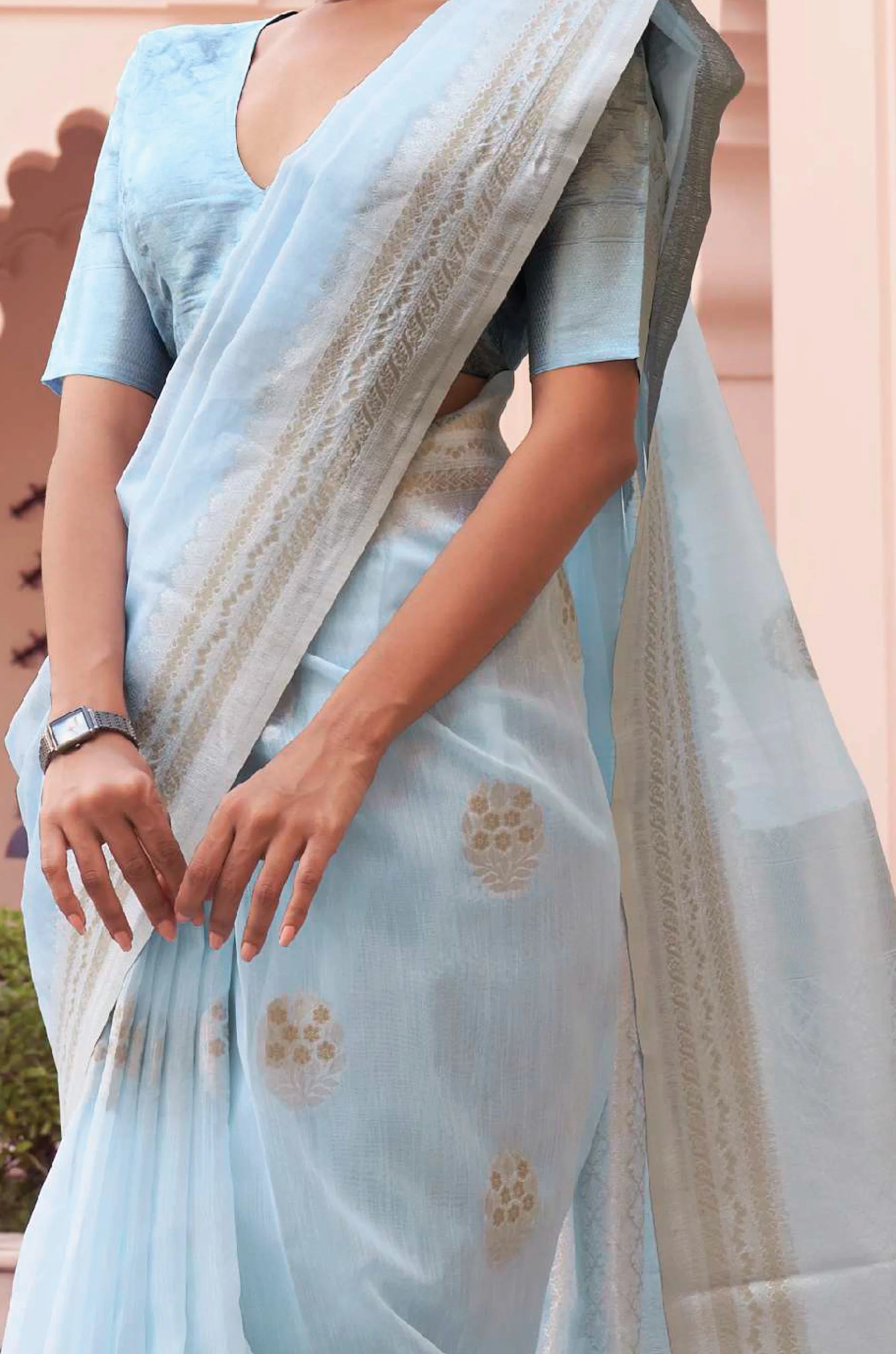 Sky Blue Woven Linen Saree - Image 3