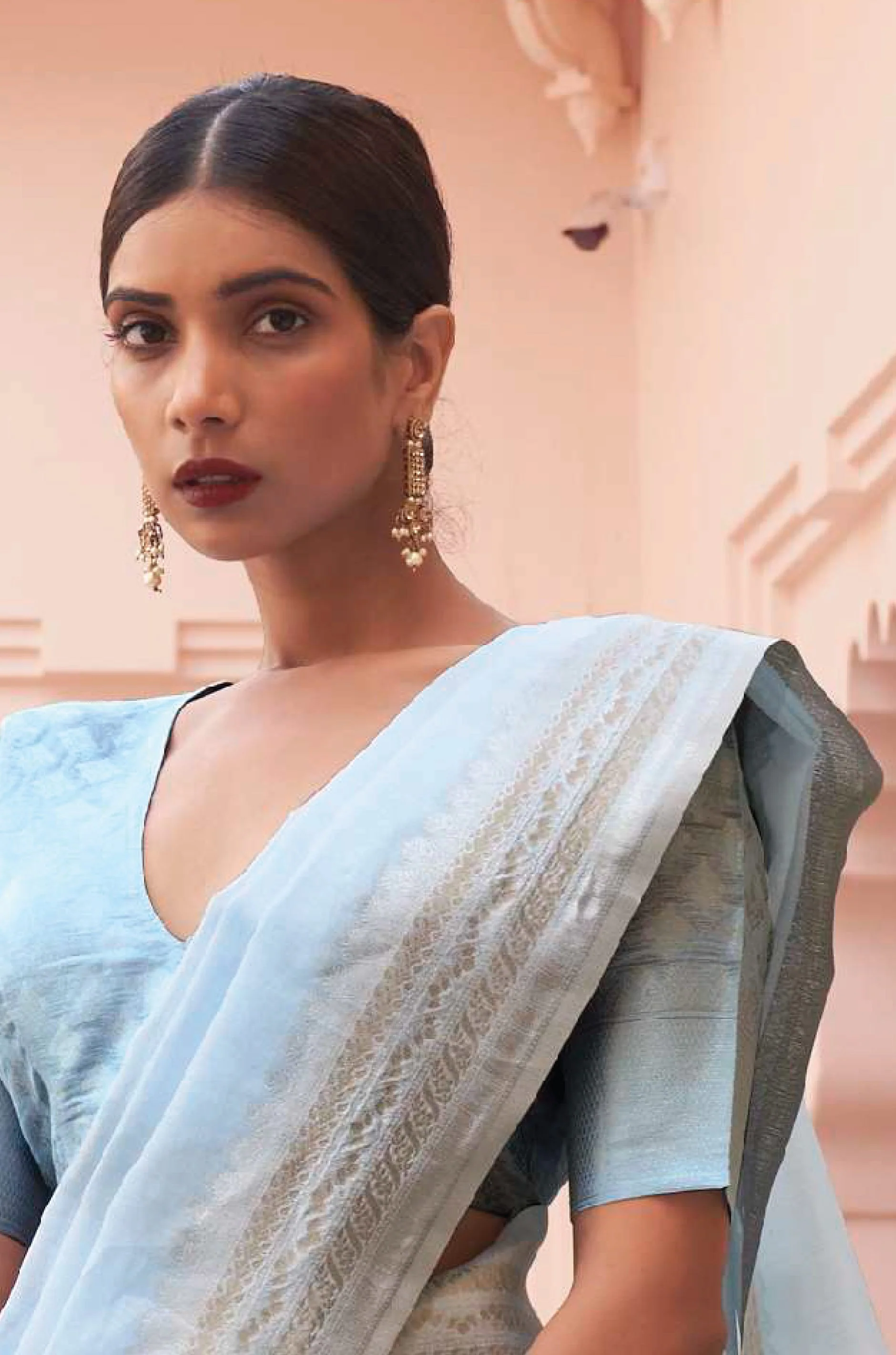Sky Blue Woven Linen Saree - Image 4