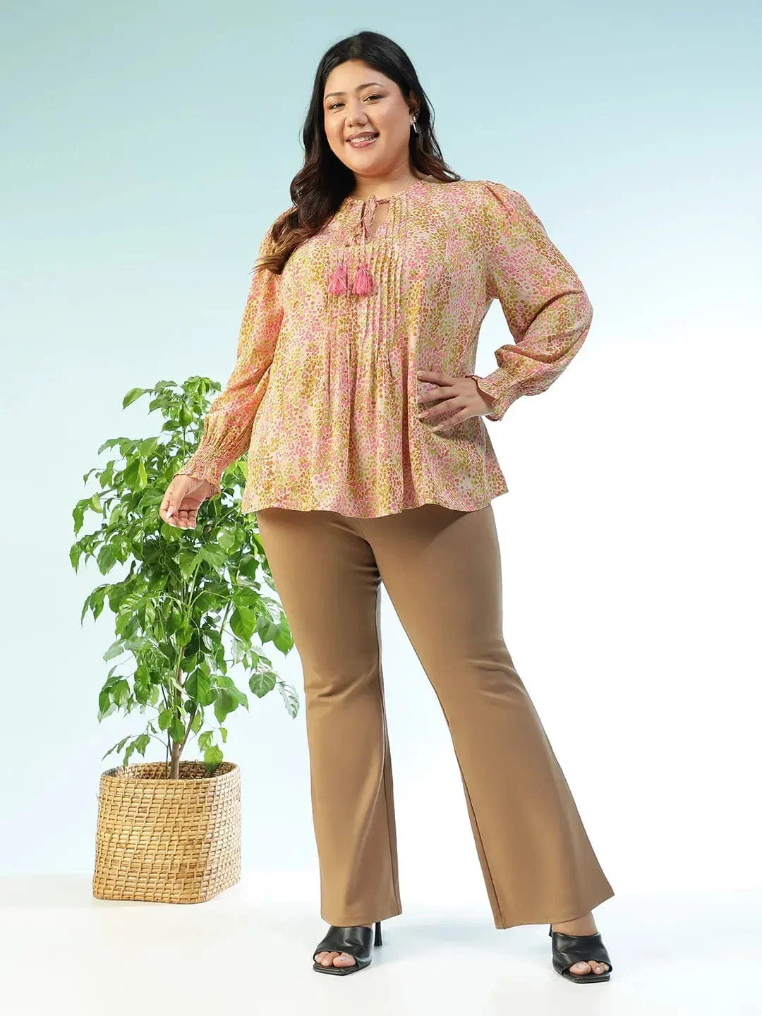Slaybase Multicolor Floral Print  Tassels & Tie -Up Detail Long Sleeve Plus Size Women Top - Image 2