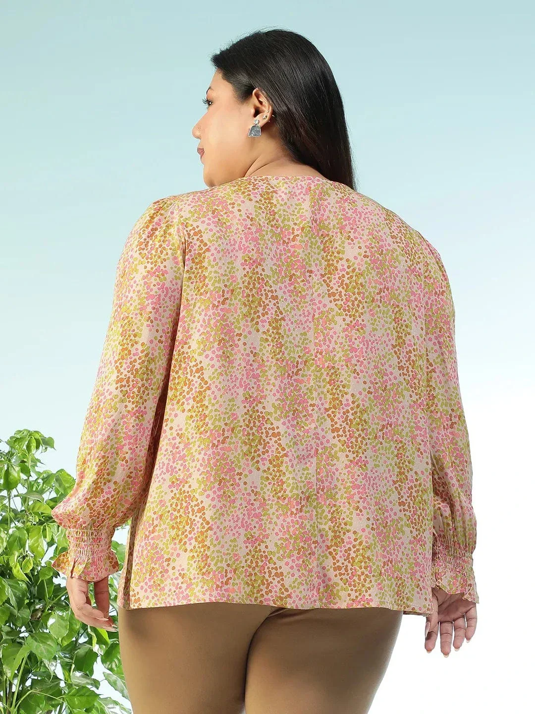 Slaybase Multicolor Floral Print  Tassels & Tie -Up Detail Long Sleeve Plus Size Women Top - Image 5