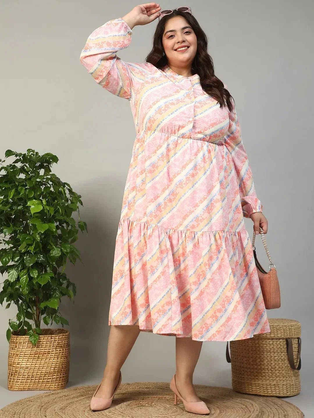 Slayer Pink Georgette Stripe Print With Button Front And Long Sleeve Elasticated Plus Size Dress