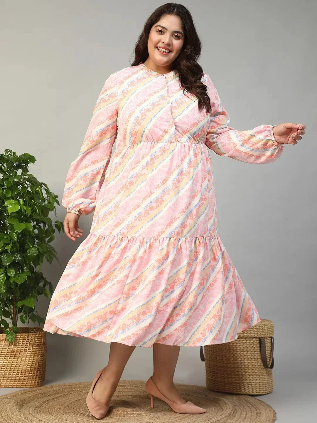 Slayer Pink Georgette Stripe Print With Button Front And Long Sleeve Elasticated Plus Size Dress - Image 3