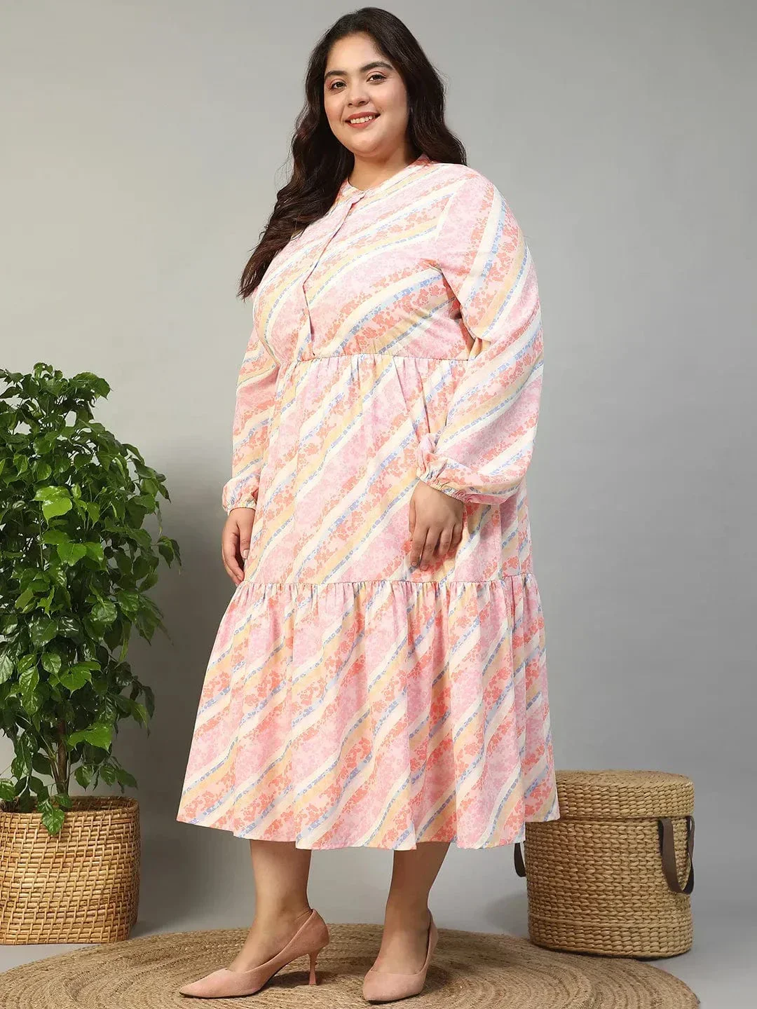 Slayer Pink Georgette Stripe Print With Button Front And Long Sleeve Elasticated Plus Size Dress - Image 4