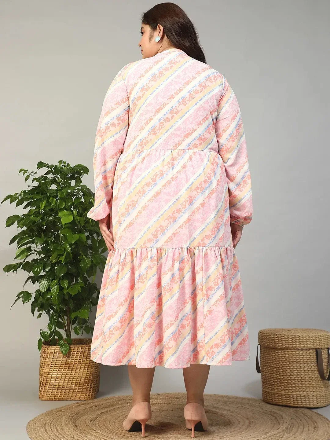 Slayer Pink Georgette Stripe Print With Button Front And Long Sleeve Elasticated Plus Size Dress - Image 6