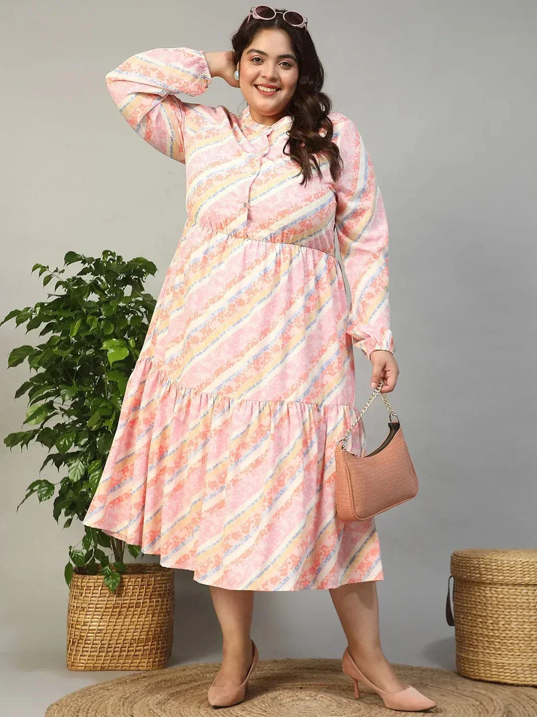 Slayer Pink Georgette Stripe Print With Button Front And Long Sleeve Elasticated Plus Size Dress - Image 8