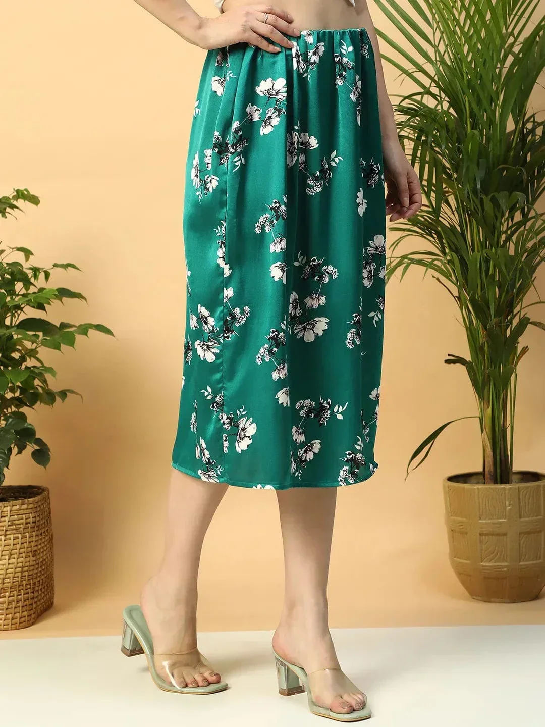 Slaying Green Floral Print Elasticated Knee Length Women Satin Skirt - Image 4