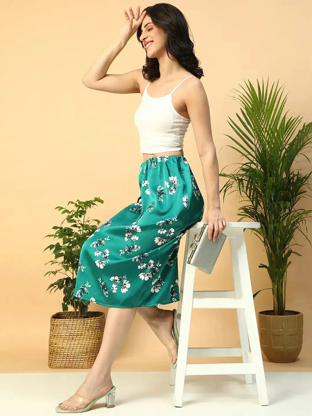 Slaying Green Floral Print Elasticated Knee Length Women Satin Skirt - Image 7