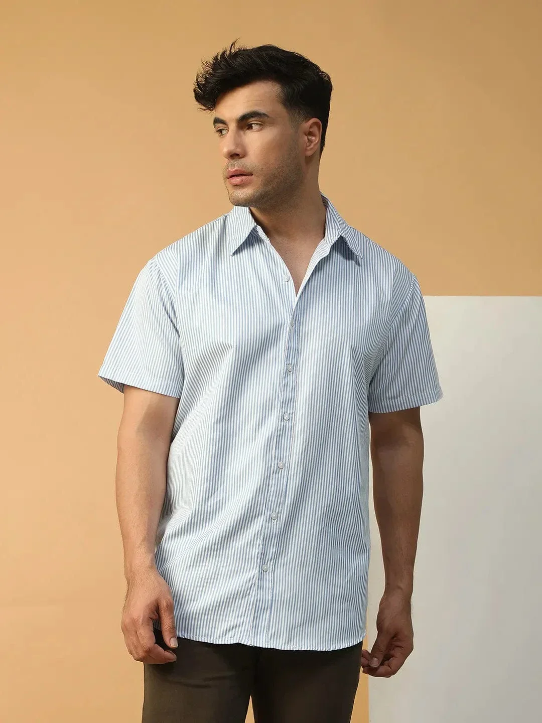 Slick Blue Stripe Print Collared Short Sleeve Men Oversized Shirt