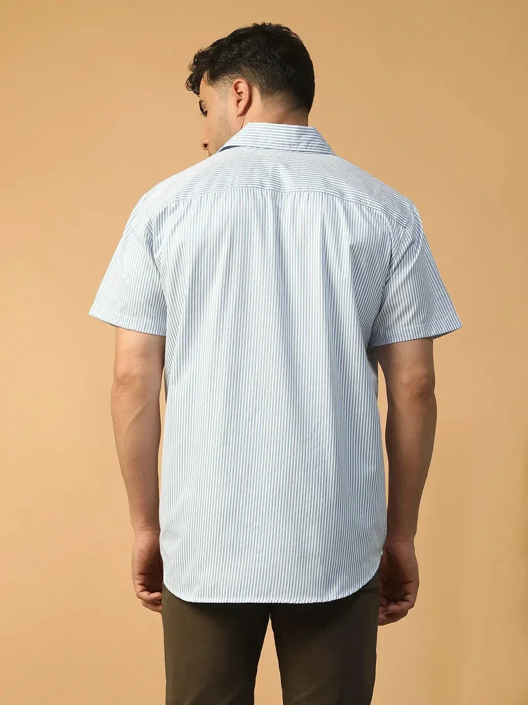 Slick Blue Stripe Print Collared Short Sleeve Men Oversized Shirt - Image 6