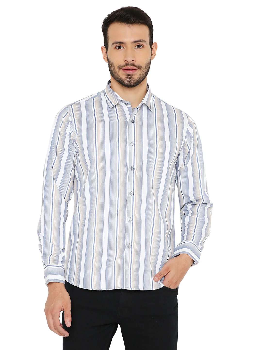 Slim Fit Blue and Grey Striped Shirt - Image 11