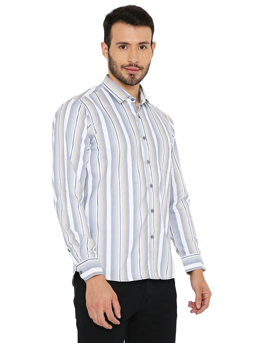Slim Fit Blue and Grey Striped Shirt - Image 3