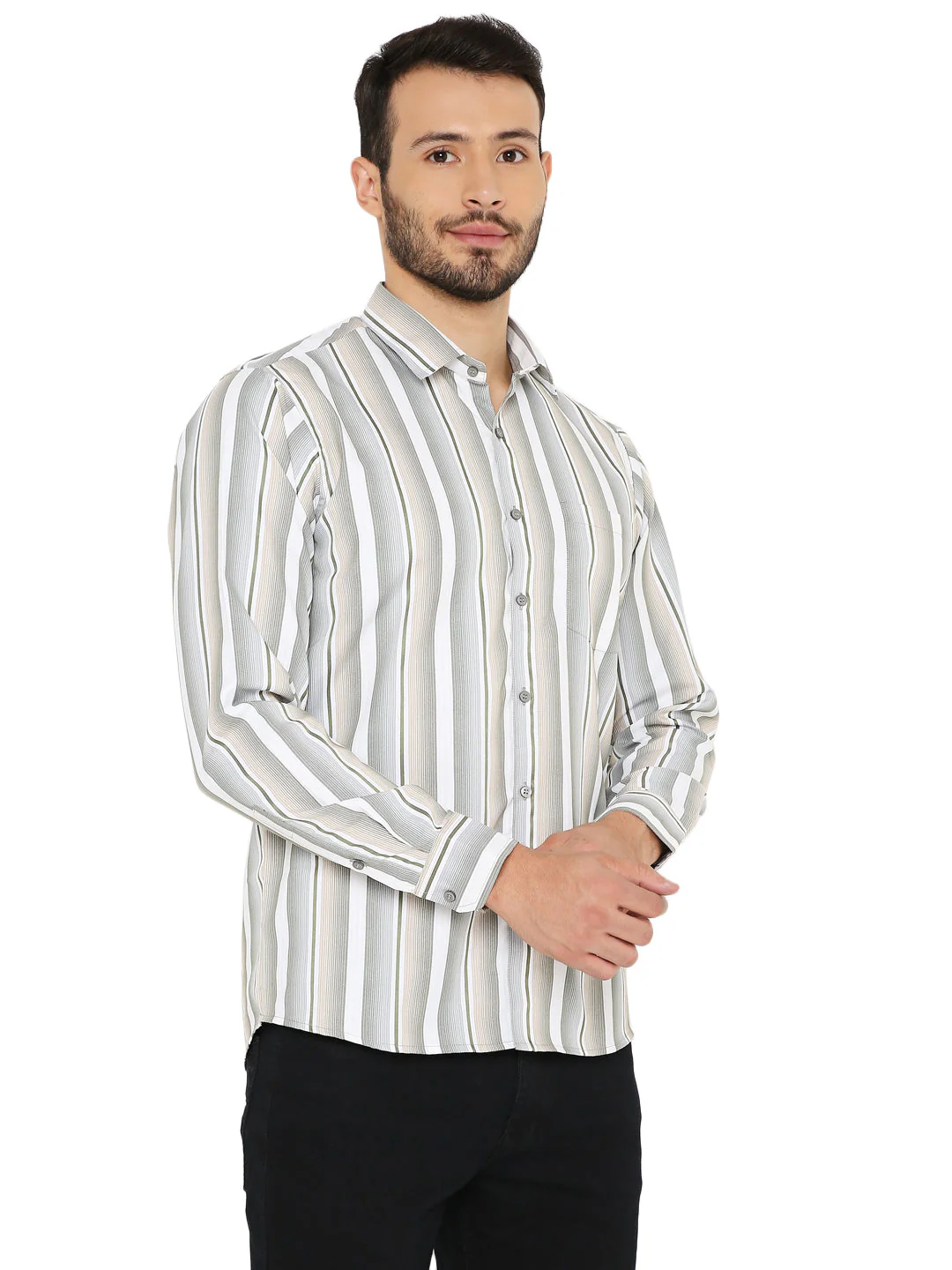 Slim Fit Green and Grey Striped Shirt - Image 3