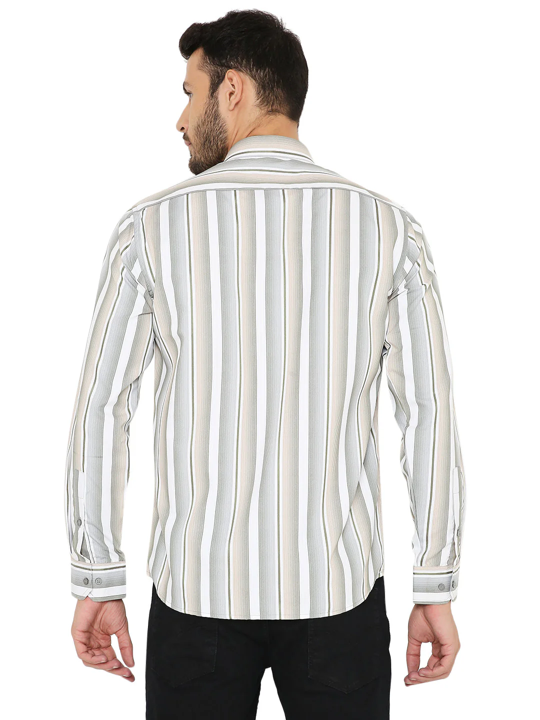 Slim Fit Green and Grey Striped Shirt - Image 4