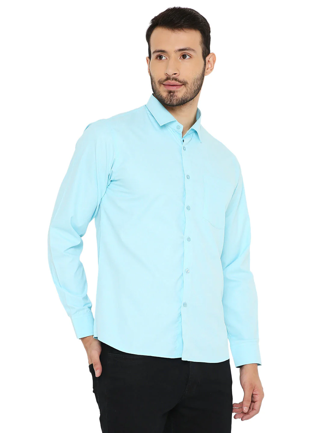 Slim Fit Solid Bright Light Blue Shirt - Image 3