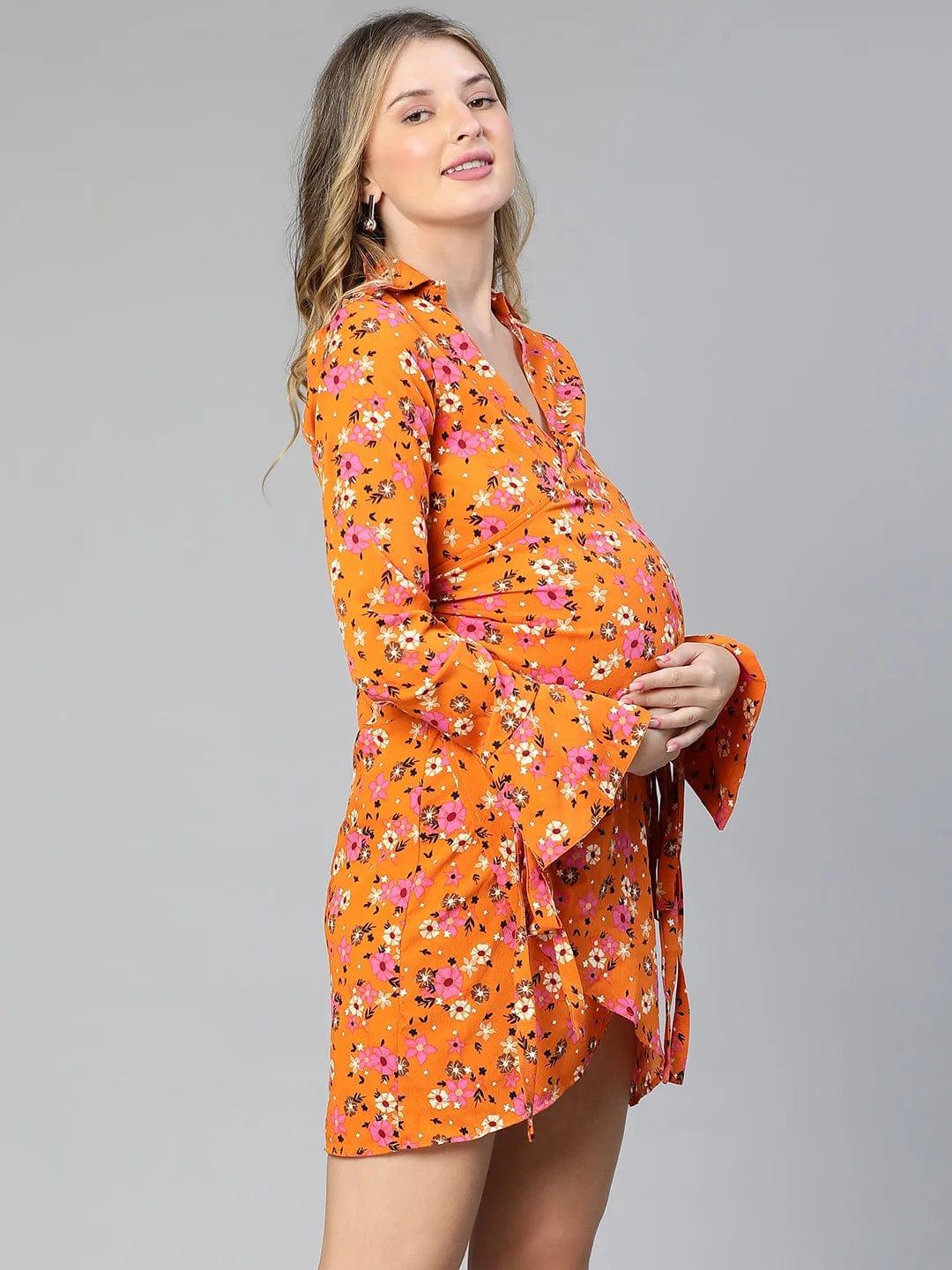Slizy Orange Floral Print Wrapped Maternity Dress For Expecting - Image 4