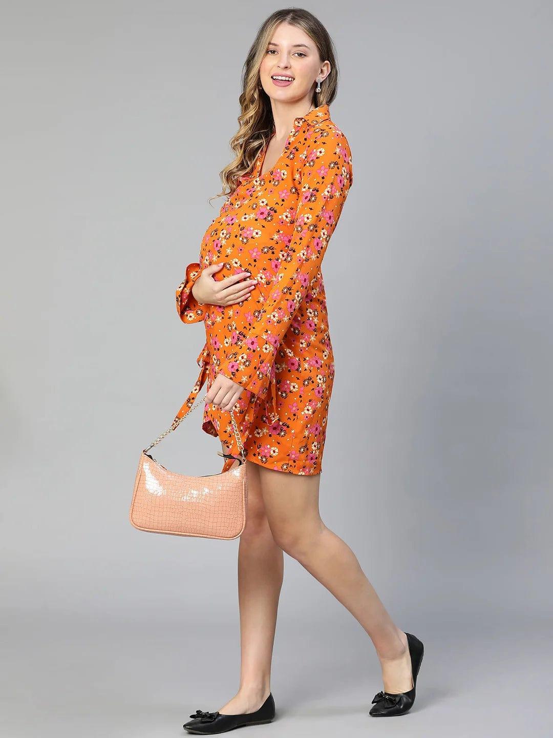 Slizy Orange Floral Print Wrapped Maternity Dress For Expecting - Image 8