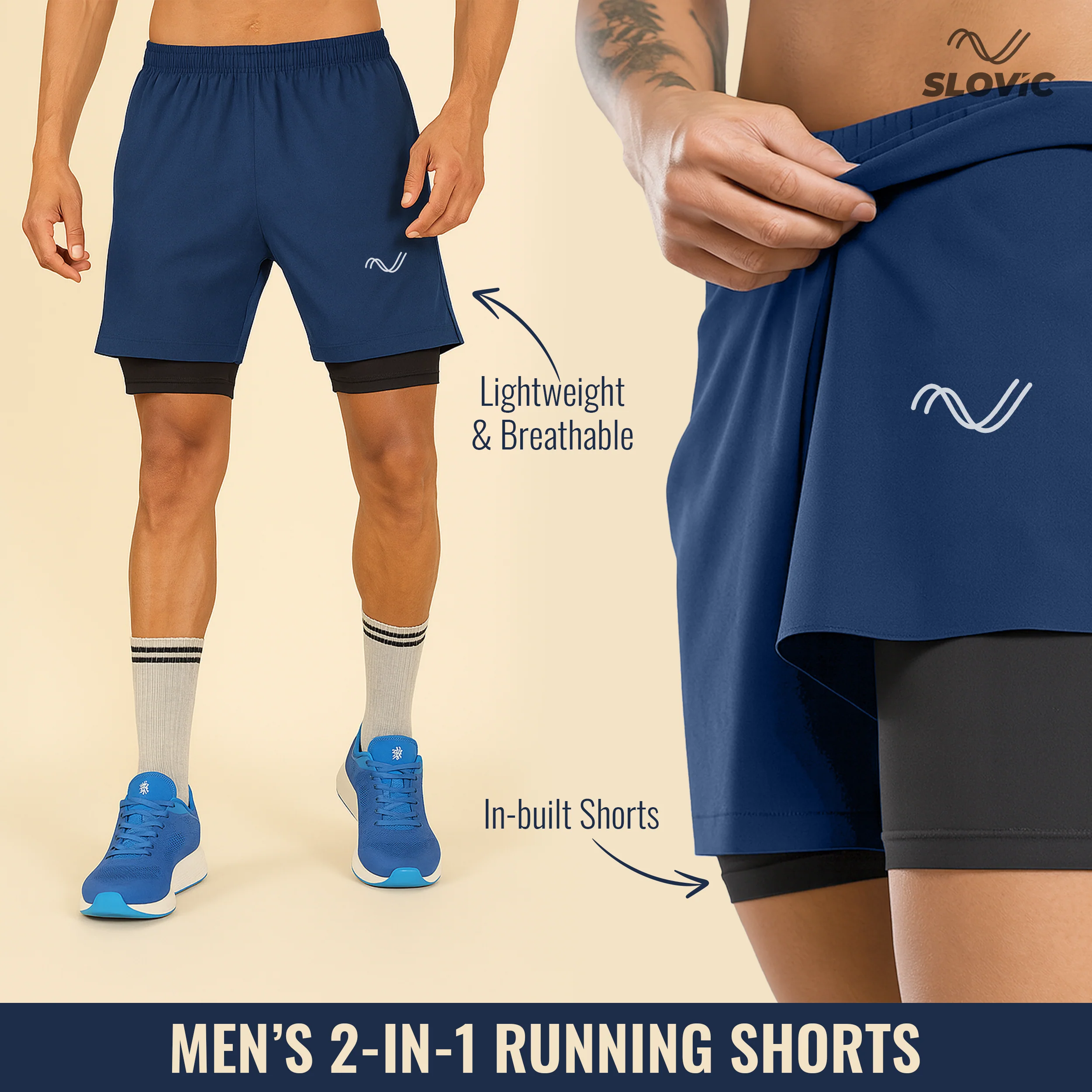 SLOVIC 2 in 1 Double Layer Running Shorts- L - Image 2