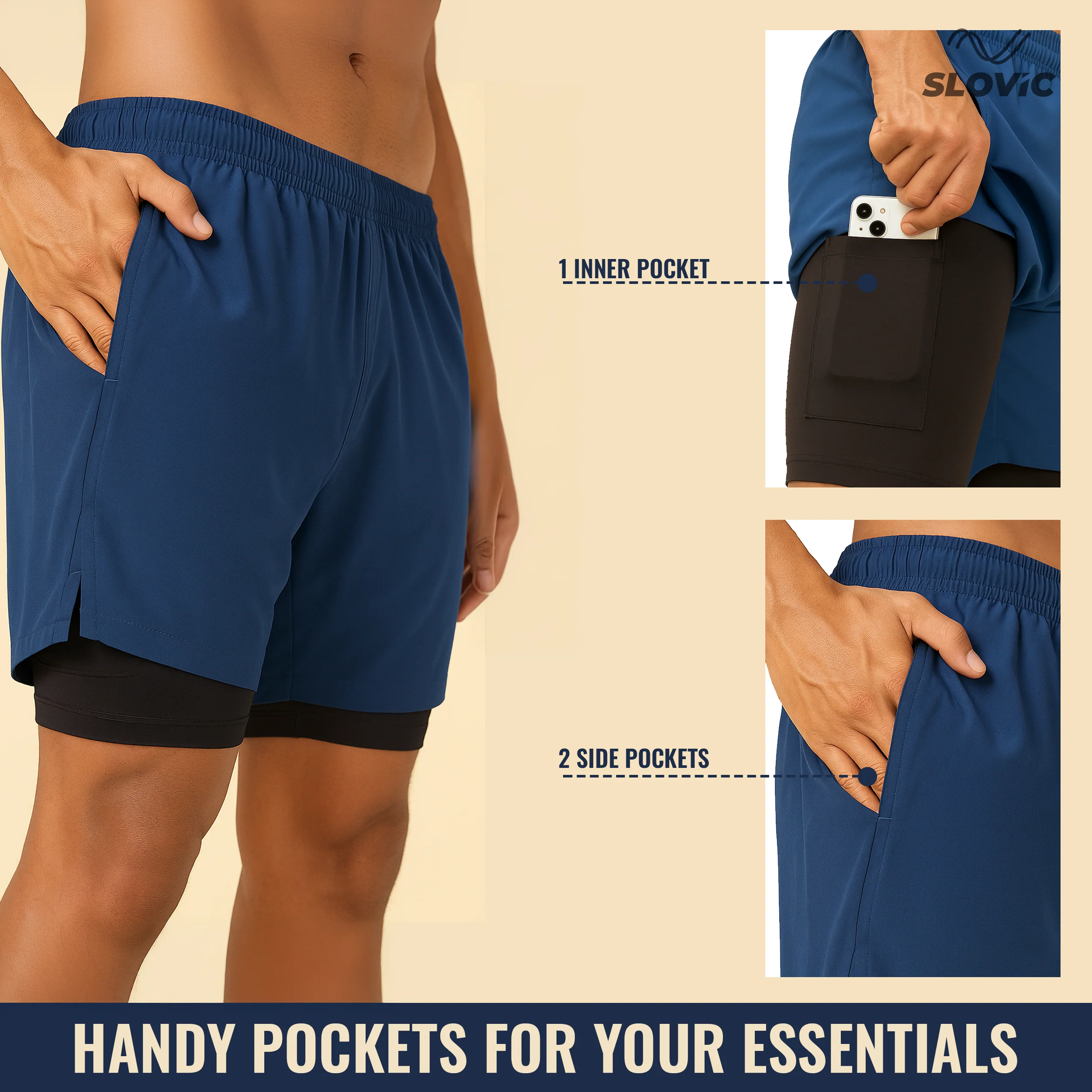 SLOVIC 2 in 1 Double Layer Running Shorts- M - Image 3