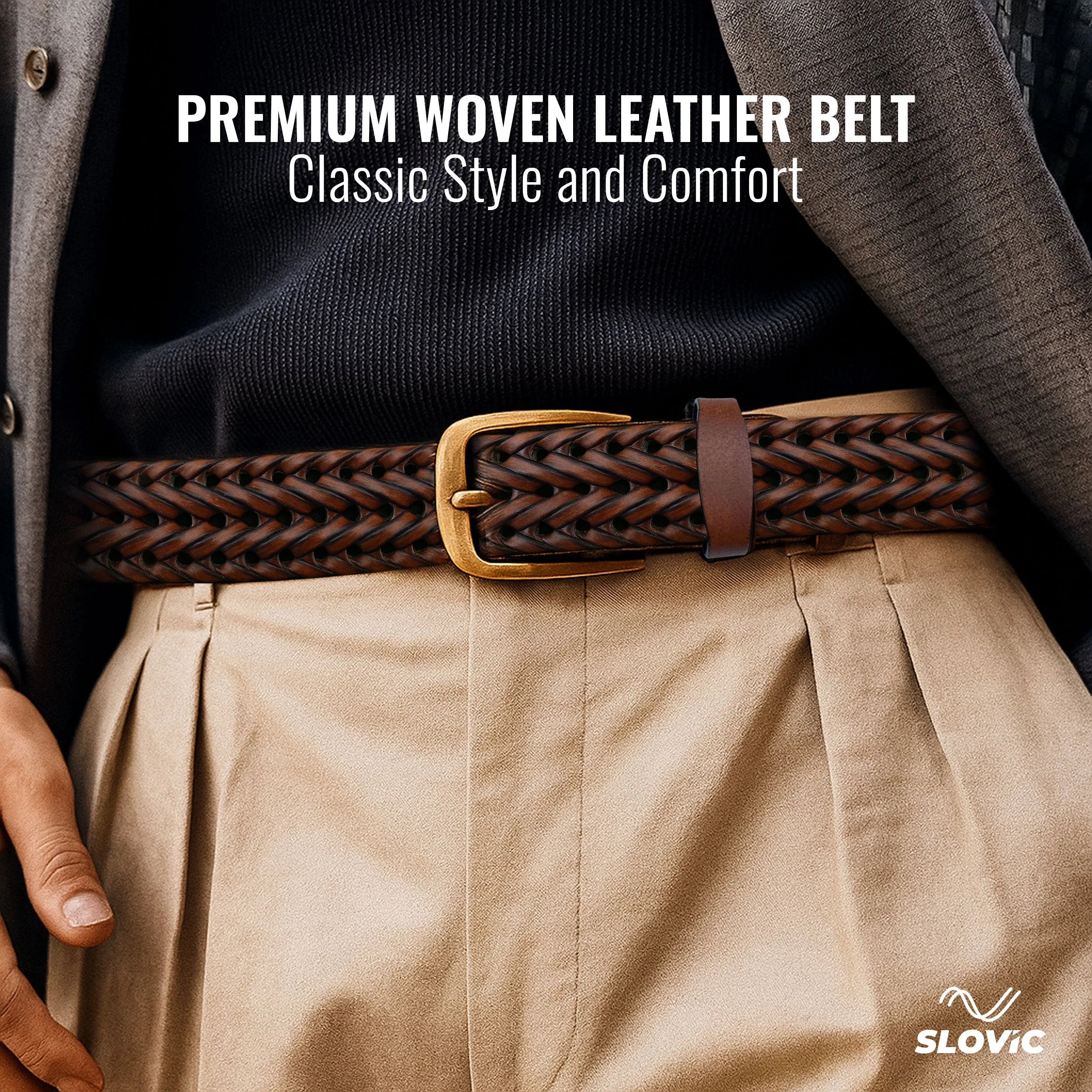 Slovic Braided Belt with Adjustable Multi- hole Designs for Men & Women - Tan - Image 3