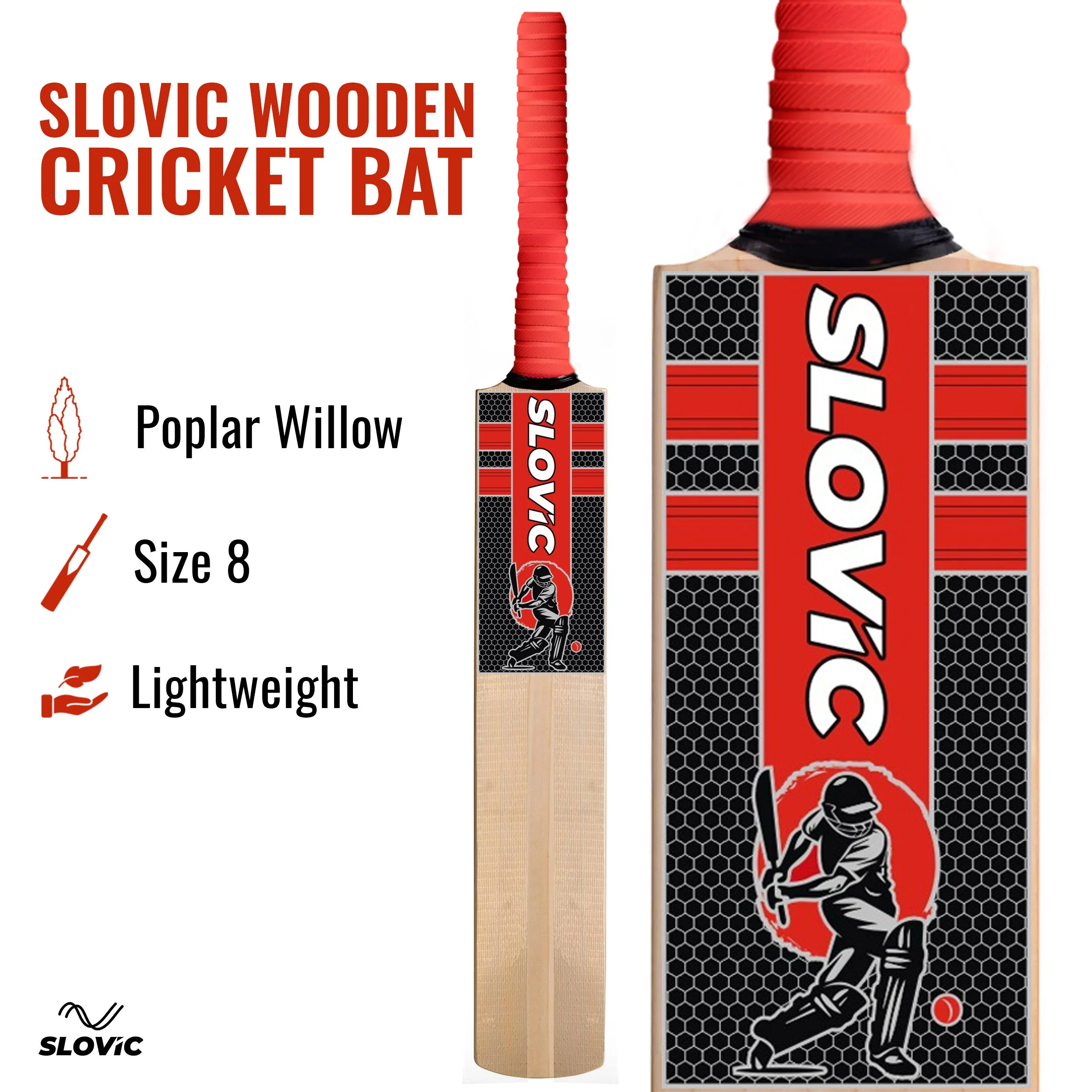 Slovic Size 8 Full Size Wooden Poplar Willow Tennis Cricket Bat for Indoor & Outdoor Games | Lightweight & Full Size Bat - Image 2