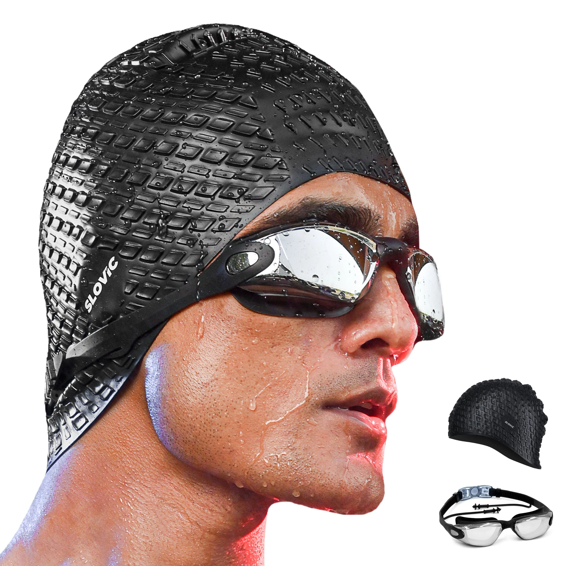 SLOVIC Swimming Combo | Swimming Goggles & Cap | Adult | Unisex | Black