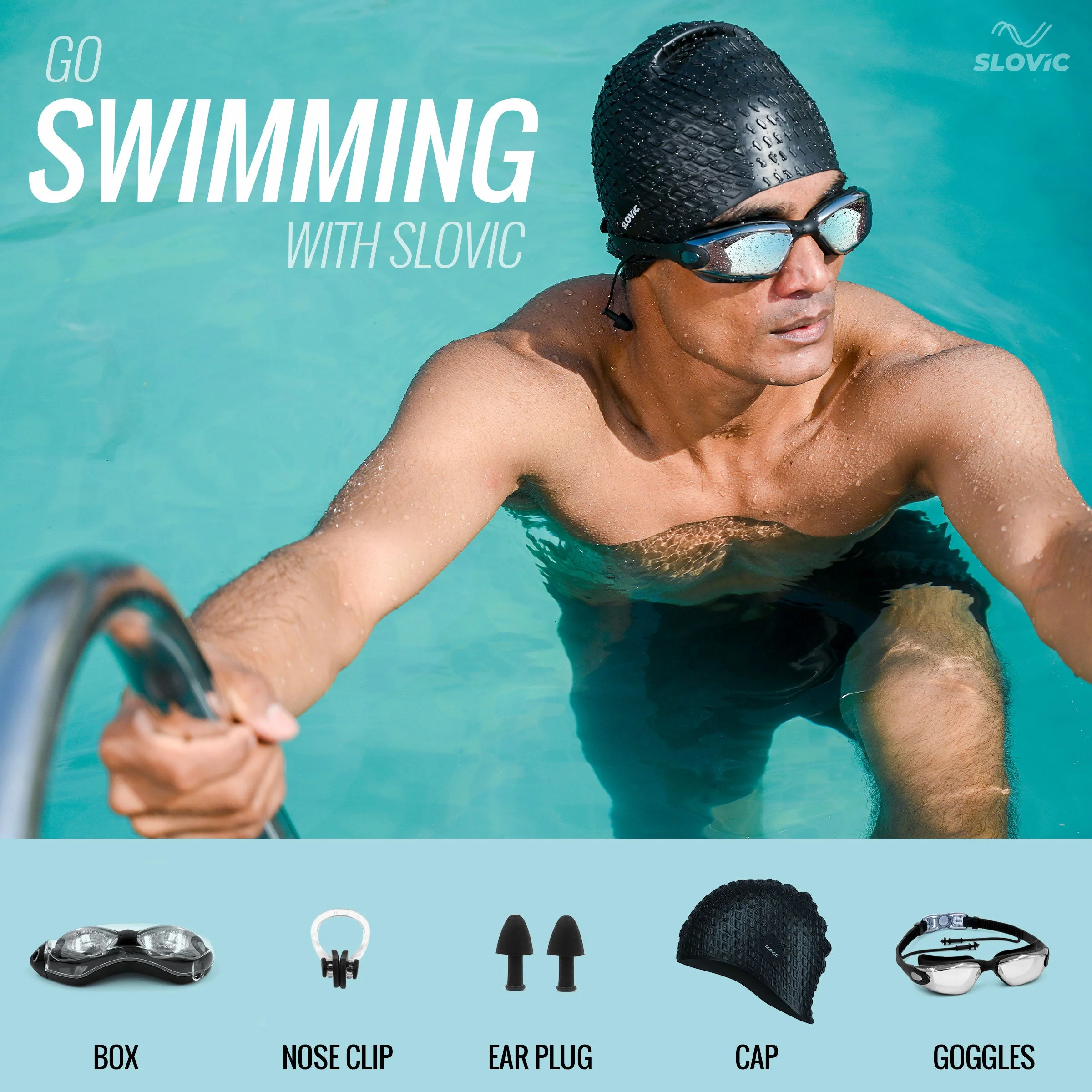 SLOVIC Swimming Combo | Swimming Goggles & Cap | Adult | Unisex | Black - Image 3