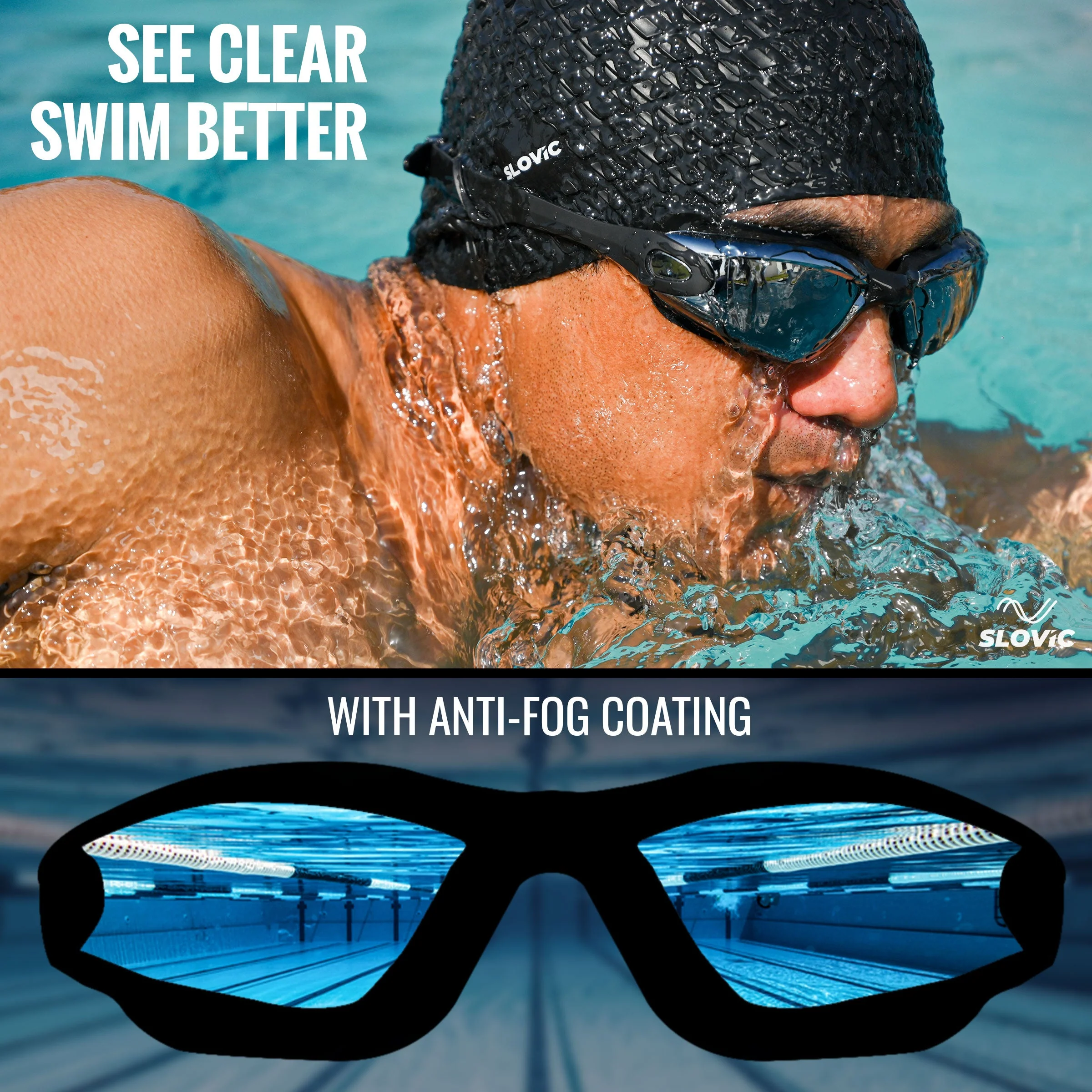 SLOVIC Swimming Combo | Swimming Goggles & Cap | Adult | Unisex | Black - Image 4