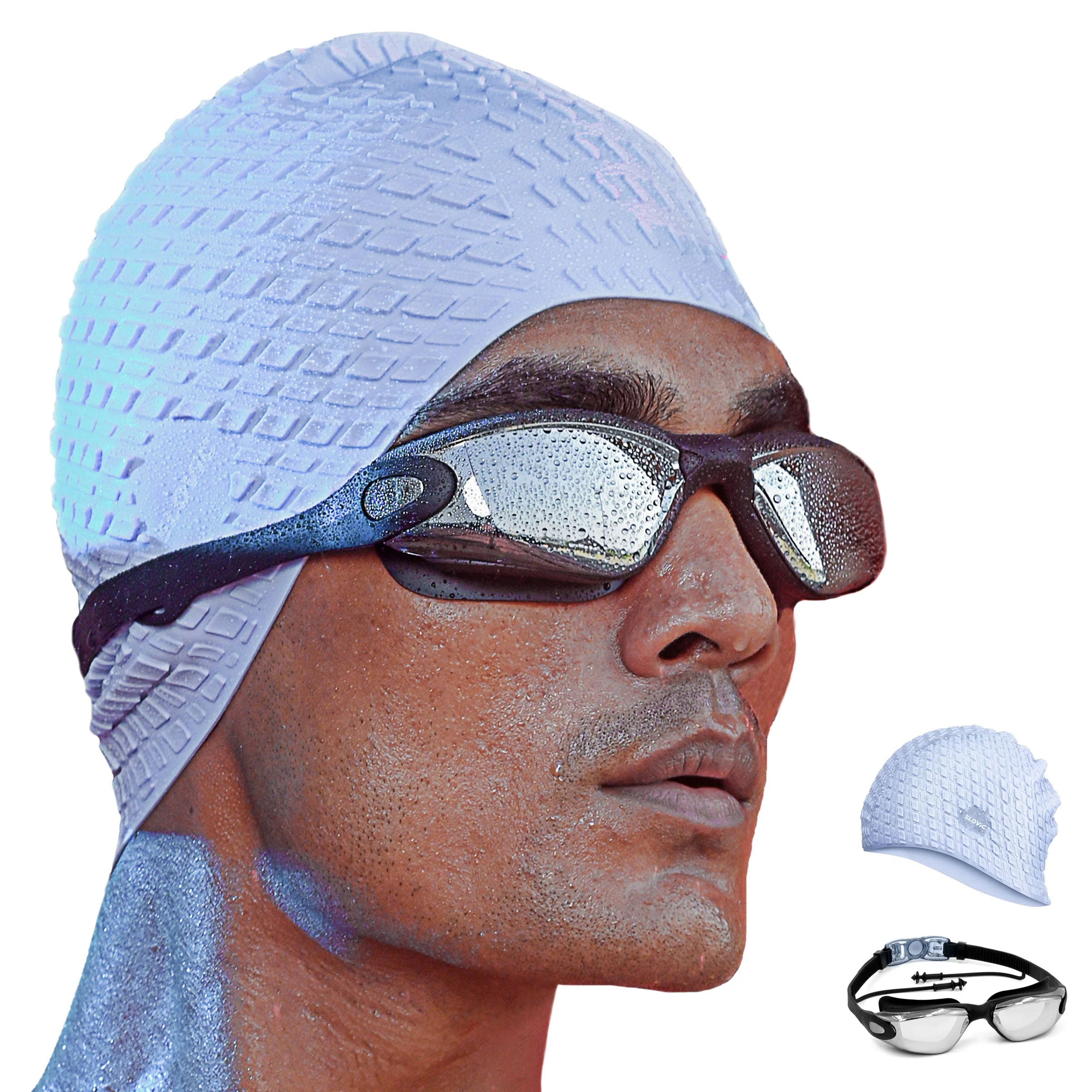 SLOVIC Swimming Combo | Swimming Goggles & Cap | Adult | Unisex | Black+Blue