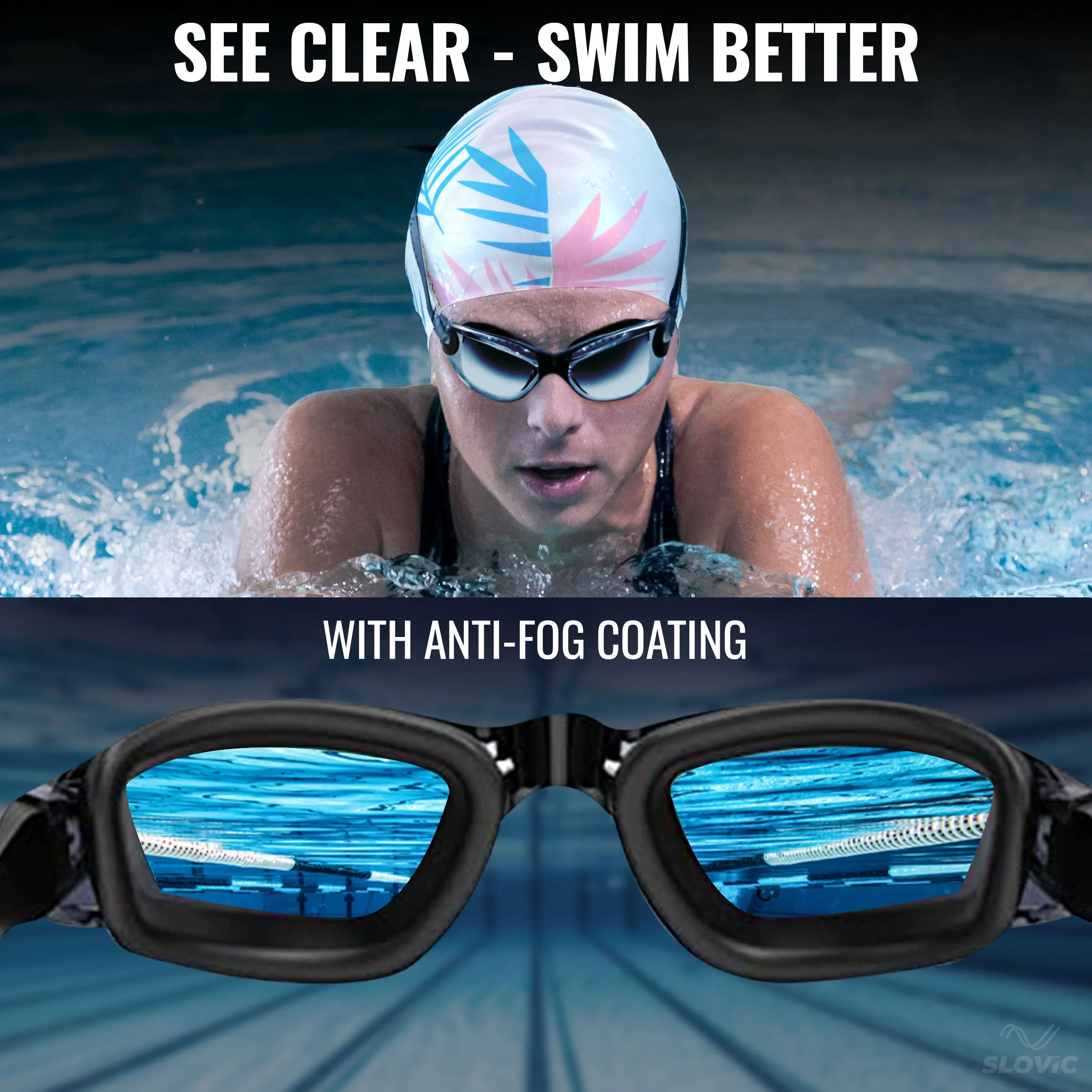 SLOVIC Swimming Combo | Swimming Goggles & Cap | Adult | Unisex | White Leaf & Black - Image 5