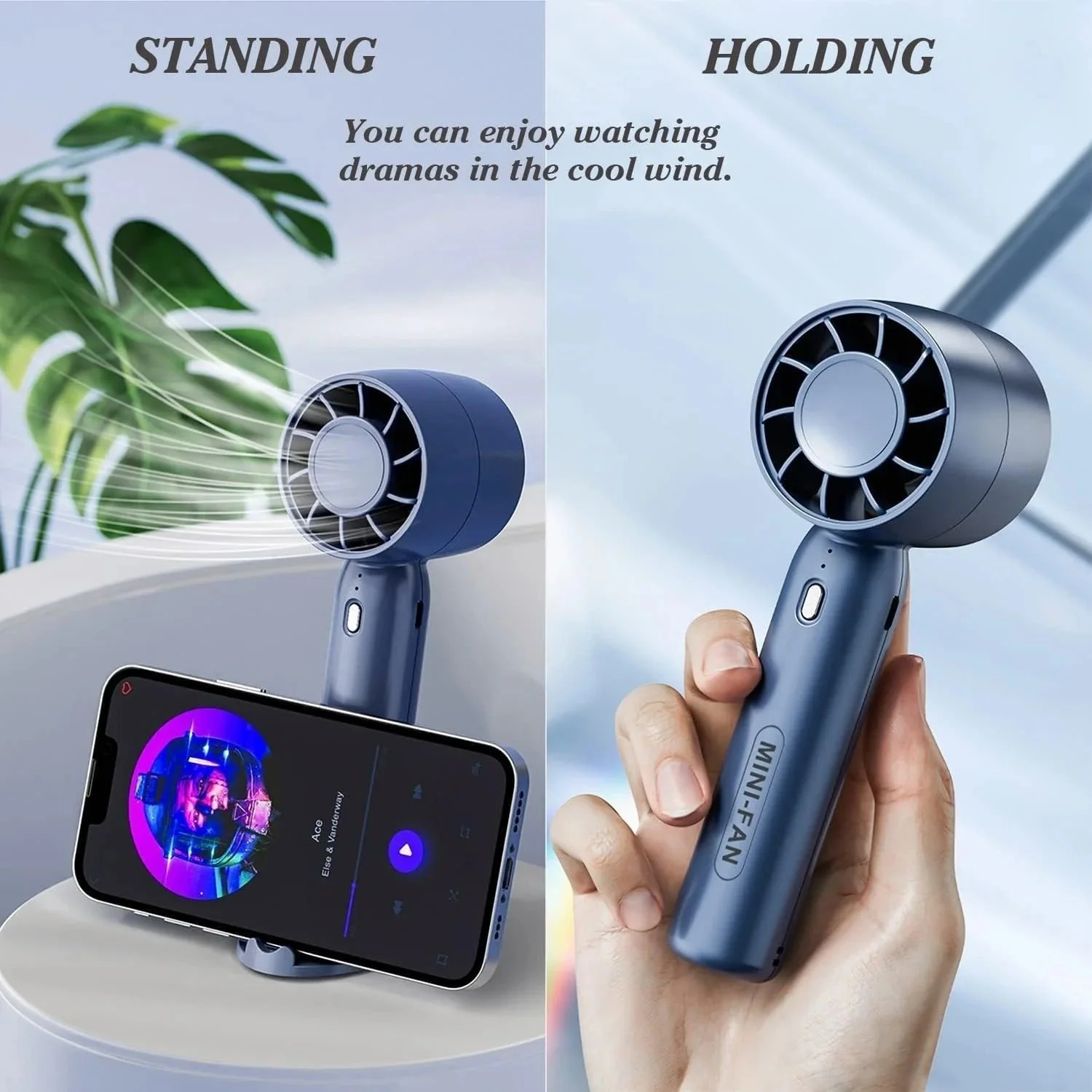 SMART T - 10Mini Handheld Fan, Cell Phone Holder Design Table Fan, 2000mAh Battery, Rechargeable Fan, Handheld Cooling Fan, 3 Speed Desk Fan for Dorm Bedroom (Blue) - Image 5