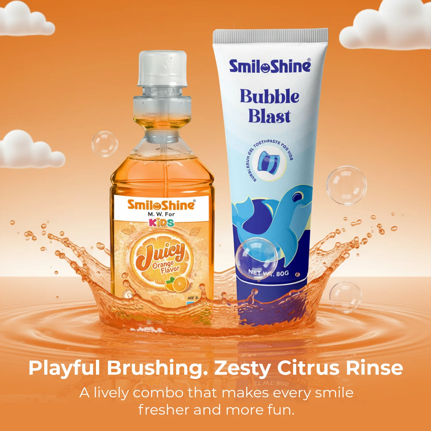 SmiloShine® Kids Bubble & Orange Combo | Glow Toothpaste + Mouthwash - Image 2