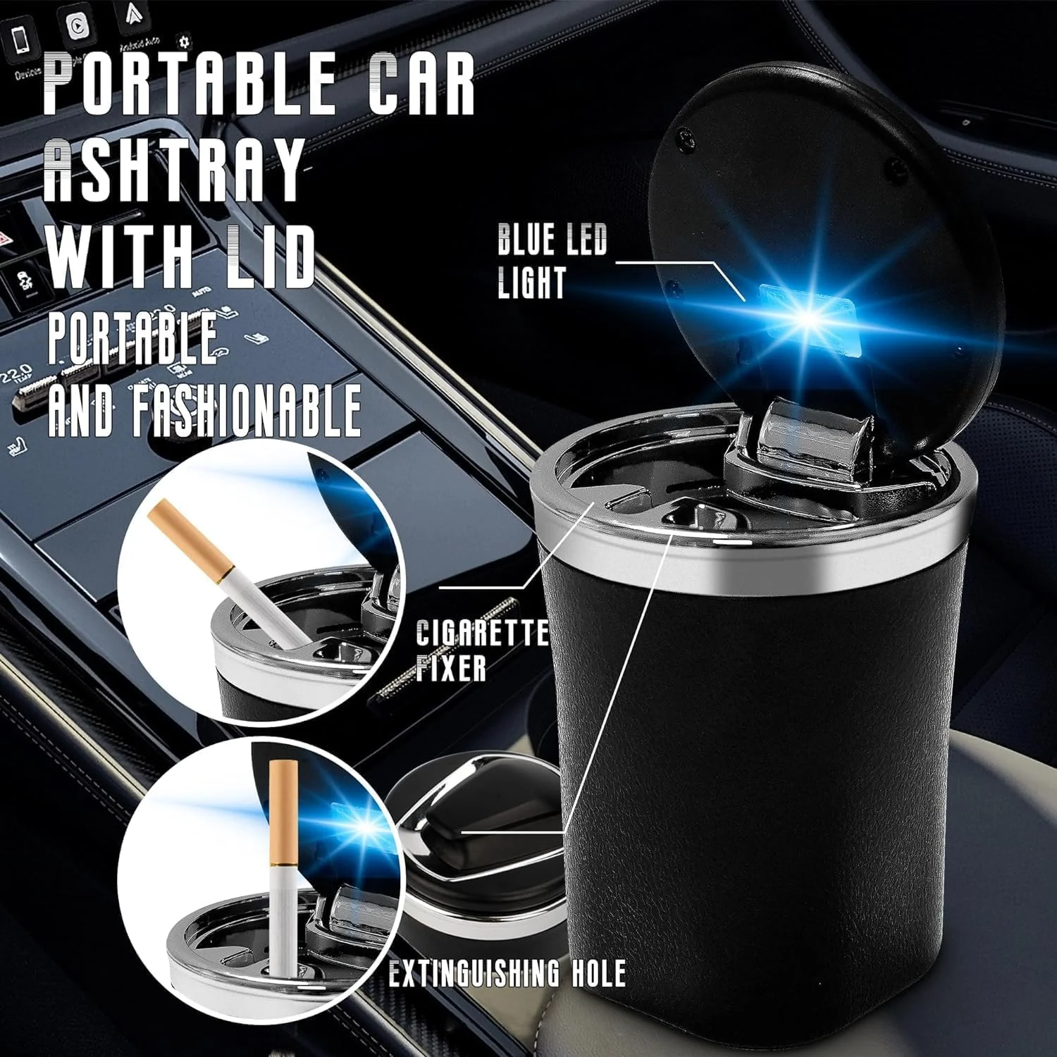 SmokeTrap: Portable Car Ashtray with Smell-Proof Lid & LED Light – Ideal for Cup Holders & Travel Use - Image 2