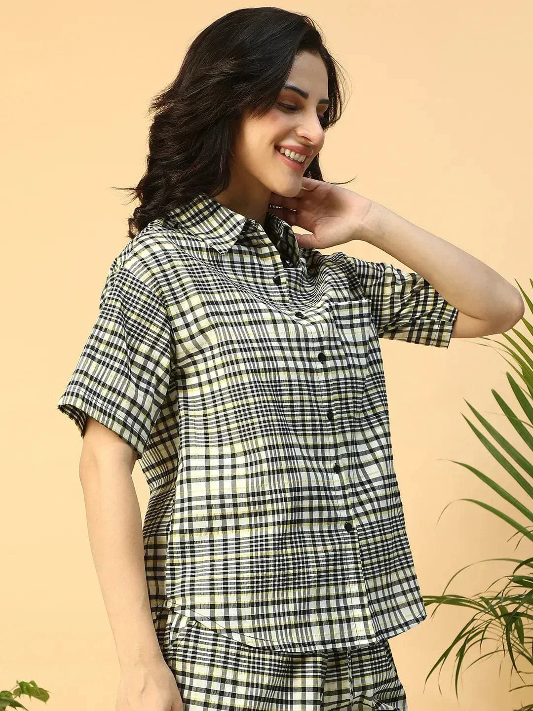 Smooth Black Check Print Short Sleeve Collared Women Shirt - Image 4
