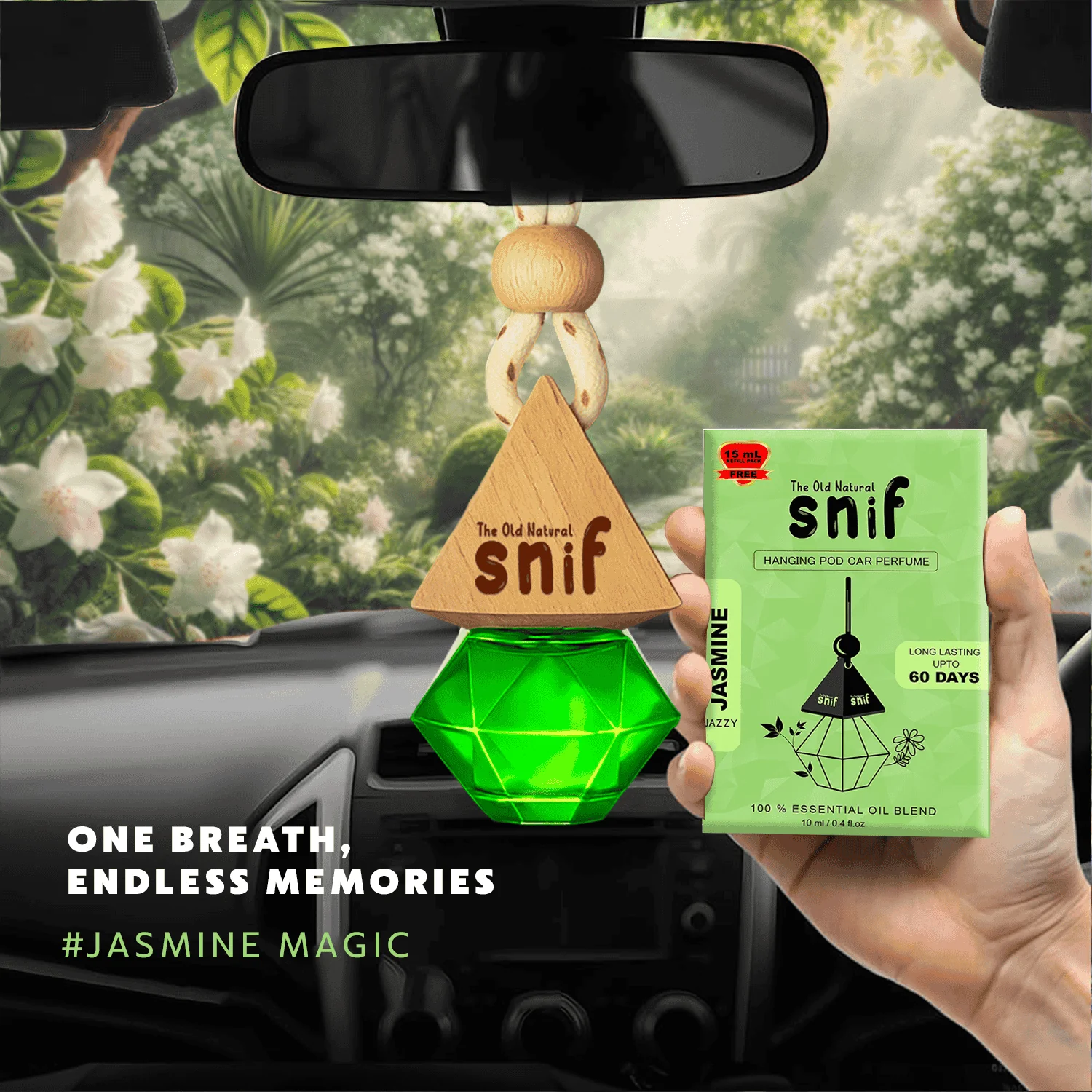 Snif Diamond Hanging Car Air Freshener with Refill Pack (Jazzy Jasmine, Breezy blue, White Oudh 10ml + 15ml Refill Pack) - Image 8
