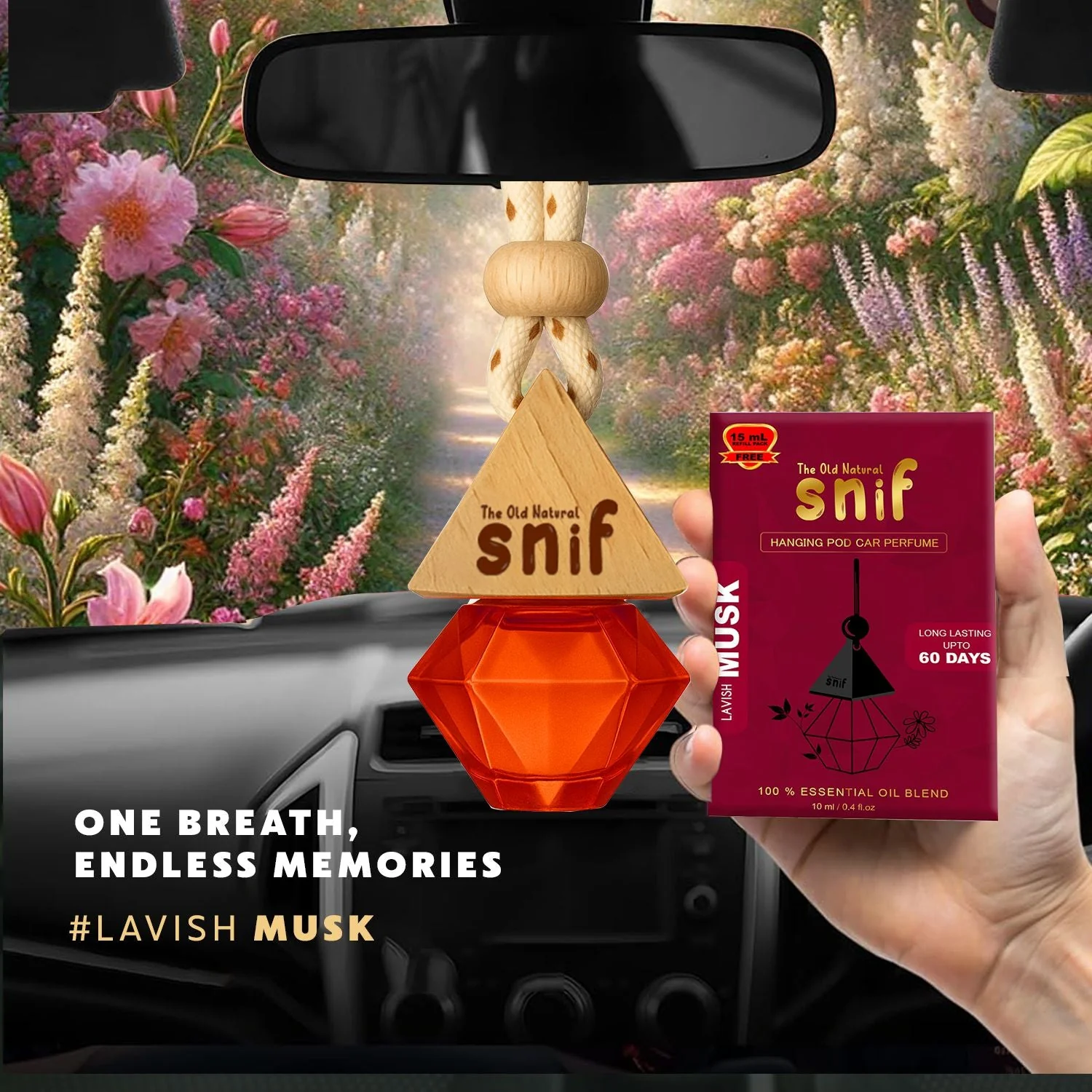 Snif Diamond Hanging Car Air Freshener with Refill Pack (Lavish Musk 10ml + 15ml Refill Pack) - Image 2