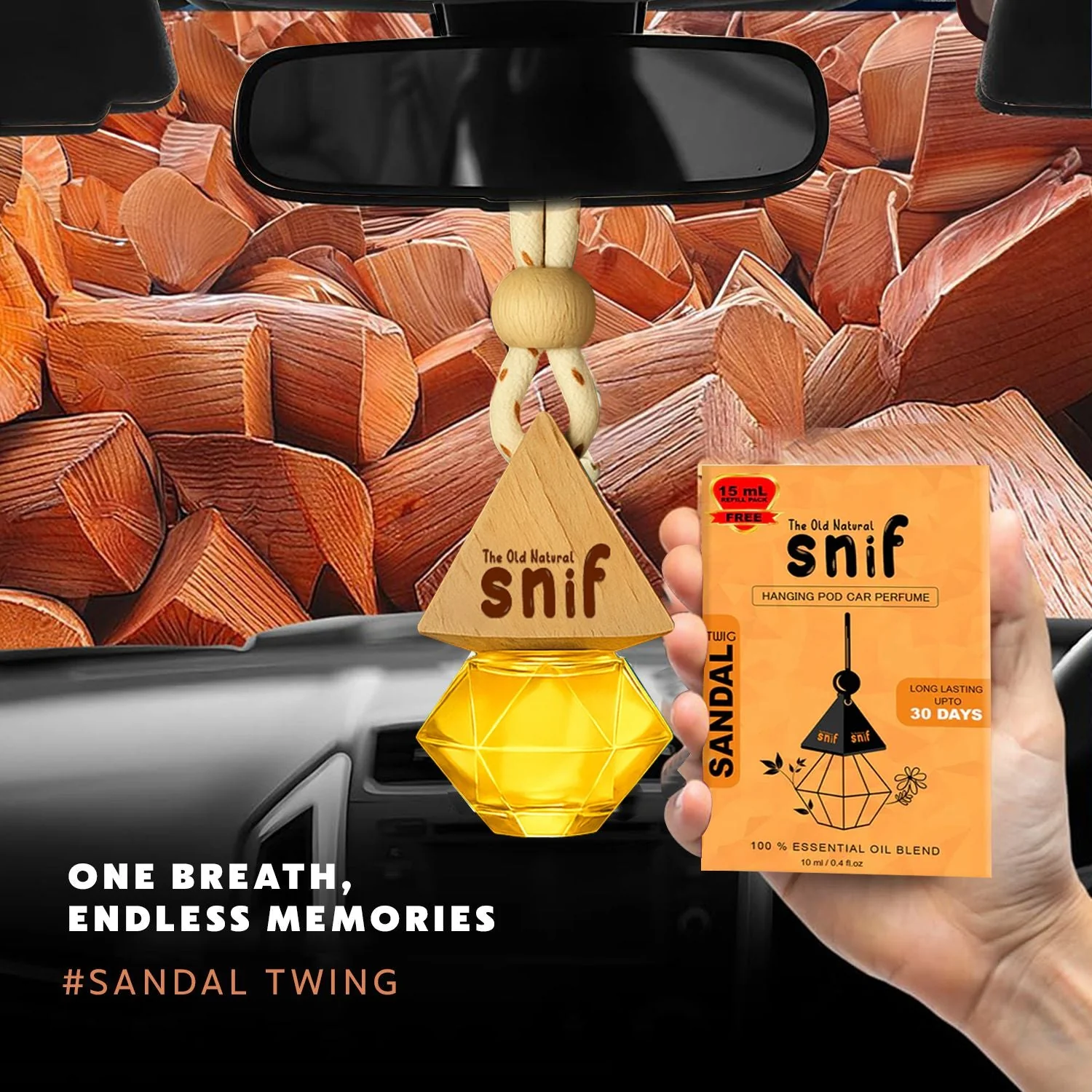 Snif Diamond Hanging Car Air Freshener with Refill Pack (Sandal Twig 10ml + 15ml Refill Pack) - Image 4