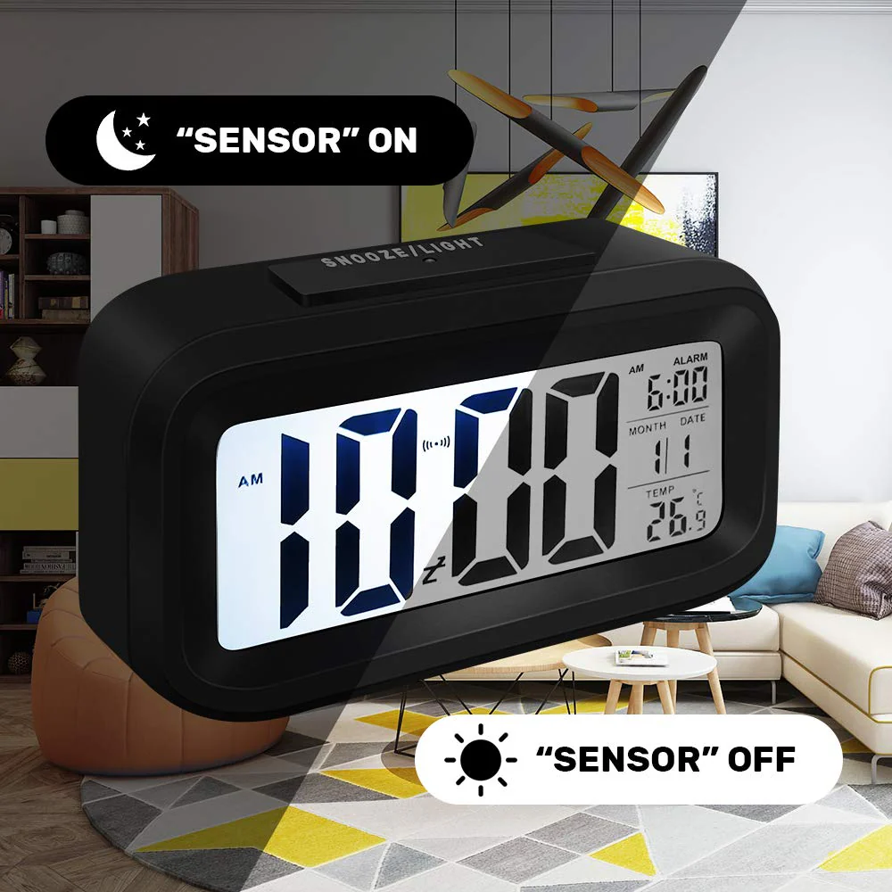 Snoozy: LCD Digital Alarm Clock with Multifunction Display, Large Screen Desk & Travel Clock with Snooze, Date, Temperature & Night Light - Image 3