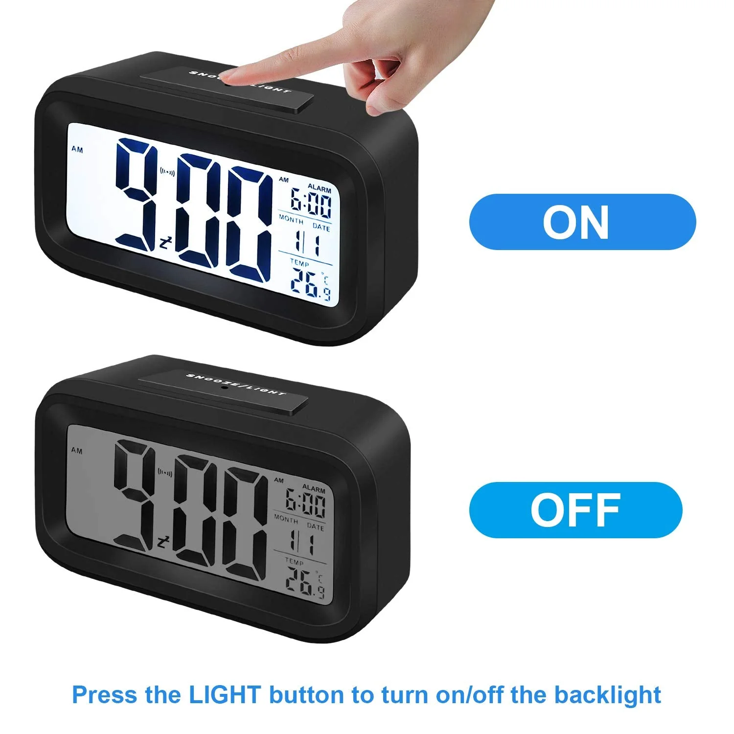 Snoozy: LCD Digital Alarm Clock with Multifunction Display, Large Screen Desk & Travel Clock with Snooze, Date, Temperature & Night Light - Image 6