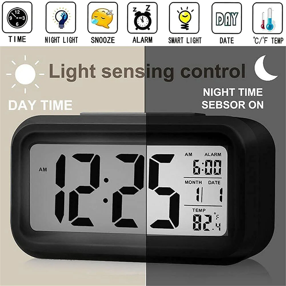 Snoozy: LCD Digital Alarm Clock with Multifunction Display, Large Screen Desk & Travel Clock with Snooze, Date, Temperature & Night Light - Image 7