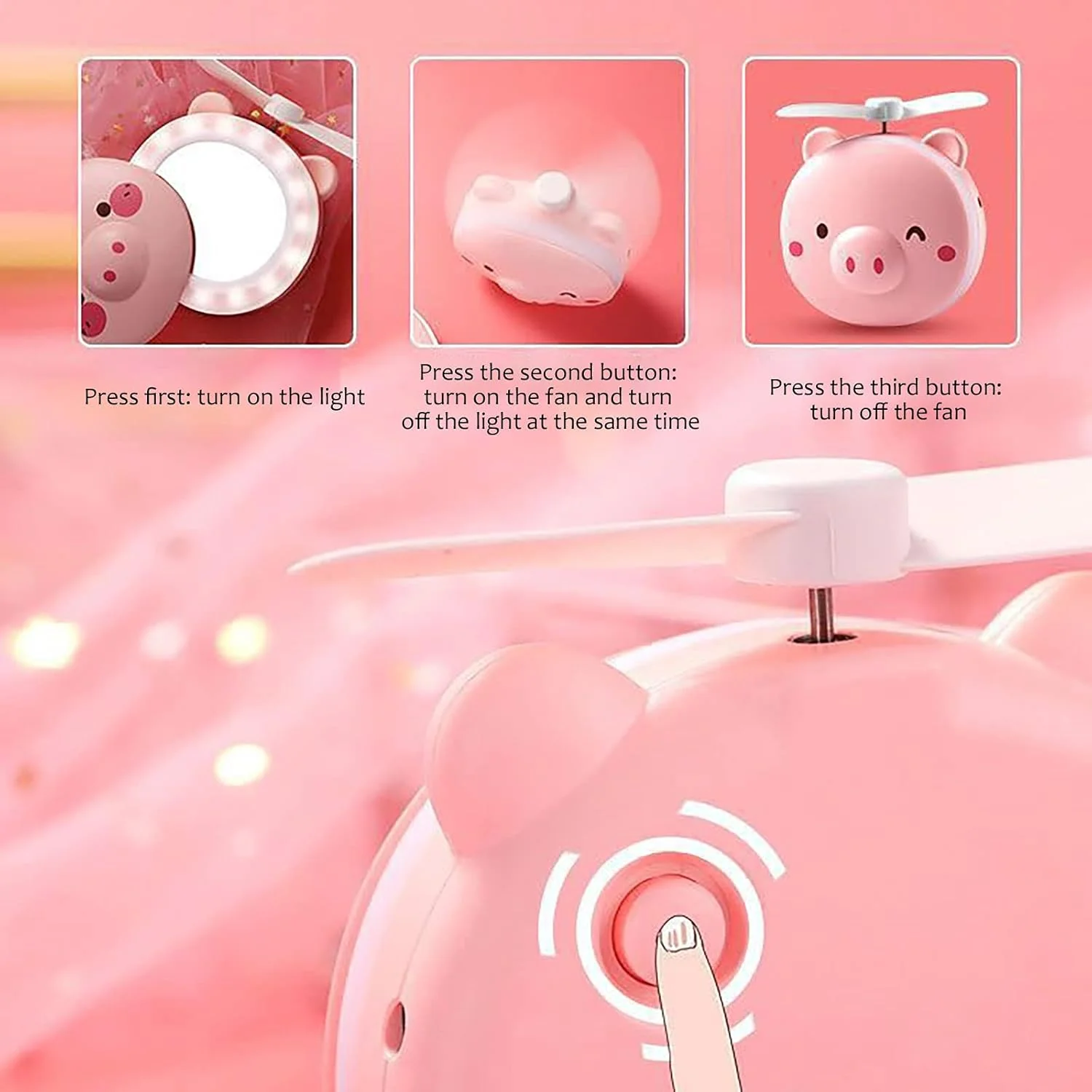 Snouty: 2-in-1 USB Rechargeable Piggy Mini Fan with LED Mirror Light, Cute Handheld Makeup Mirror & Portable Cooling Fan for Daily Use & Travel - Image 3