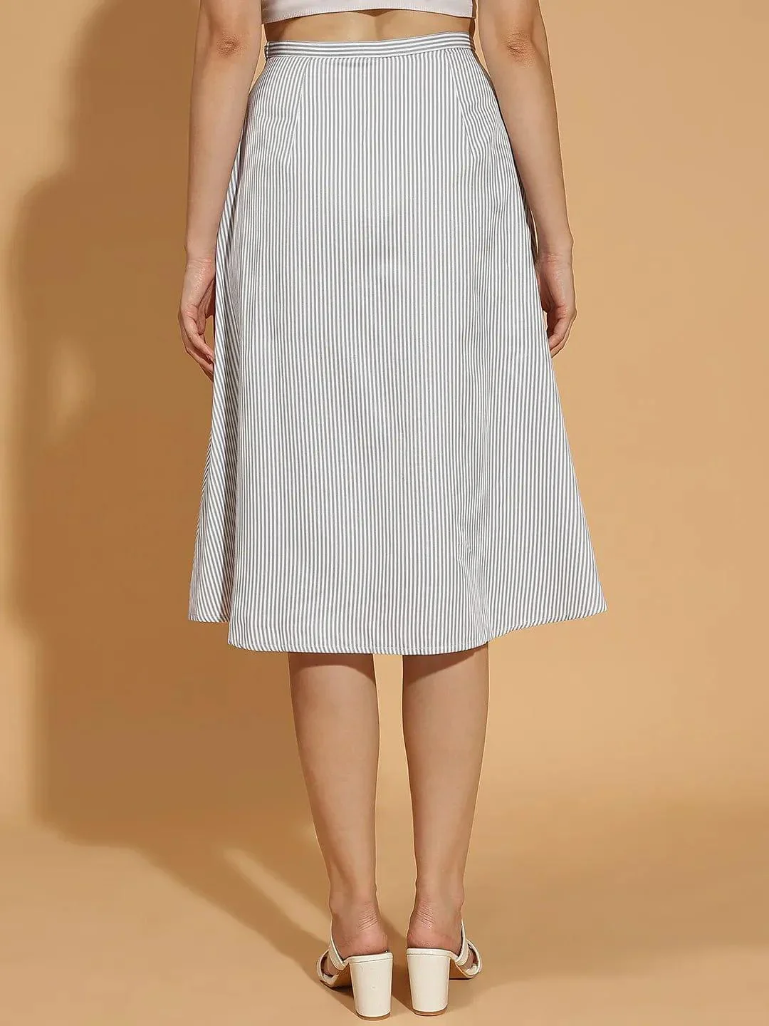 Soft Grey Stripe Print Elasticated Women’s Cotton Skirt - Image 8