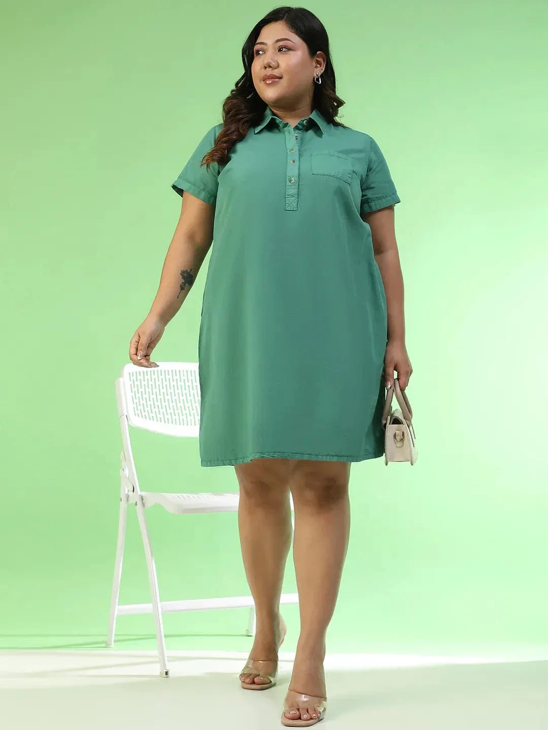 Softcore Green Collared Button Detail Short Sleeve Plus Size Women Cotton Dress - Image 7