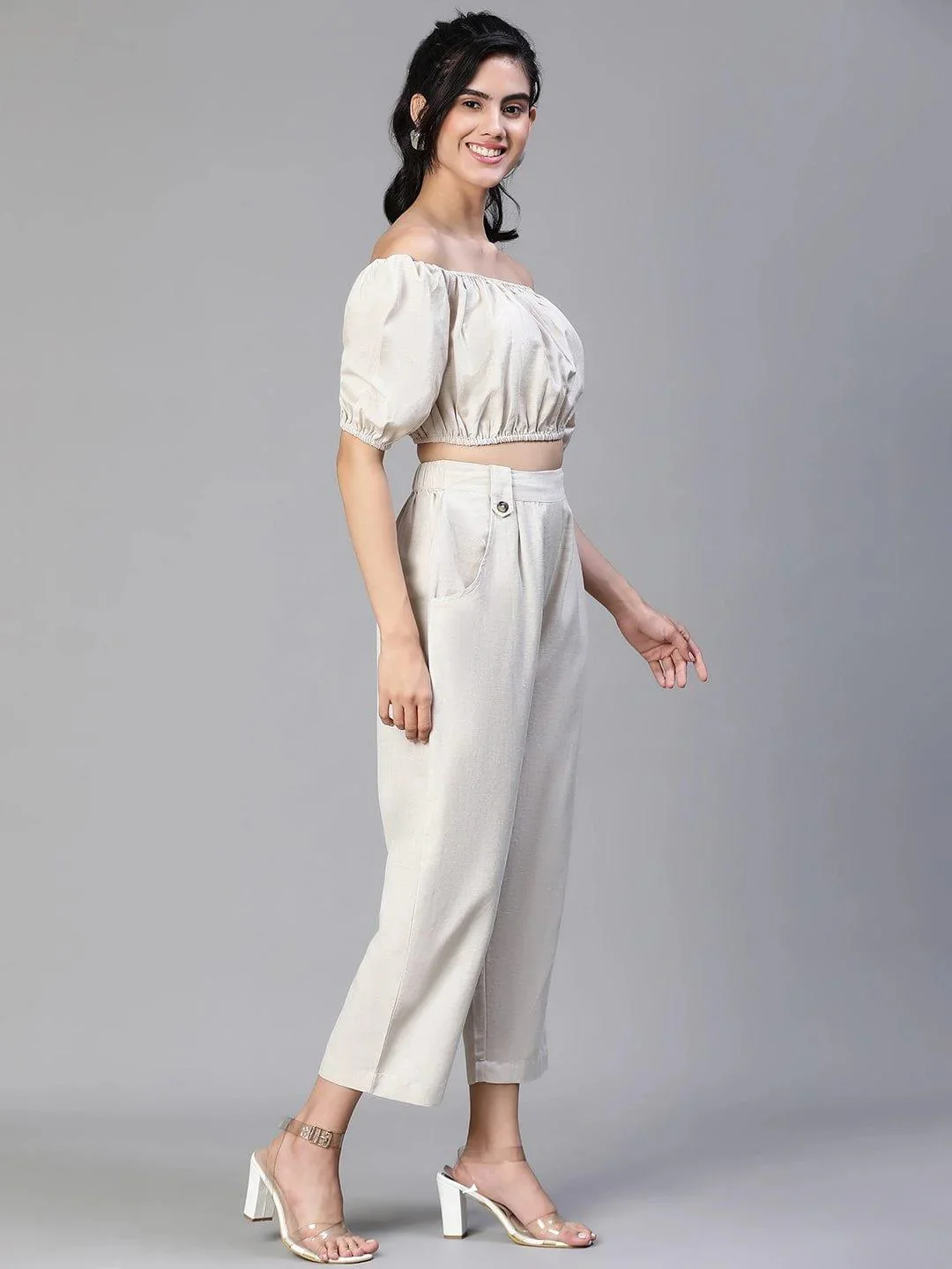 Solid Beige Cold Shoulder Top And Elasticated Pant Co-Ords - Image 4