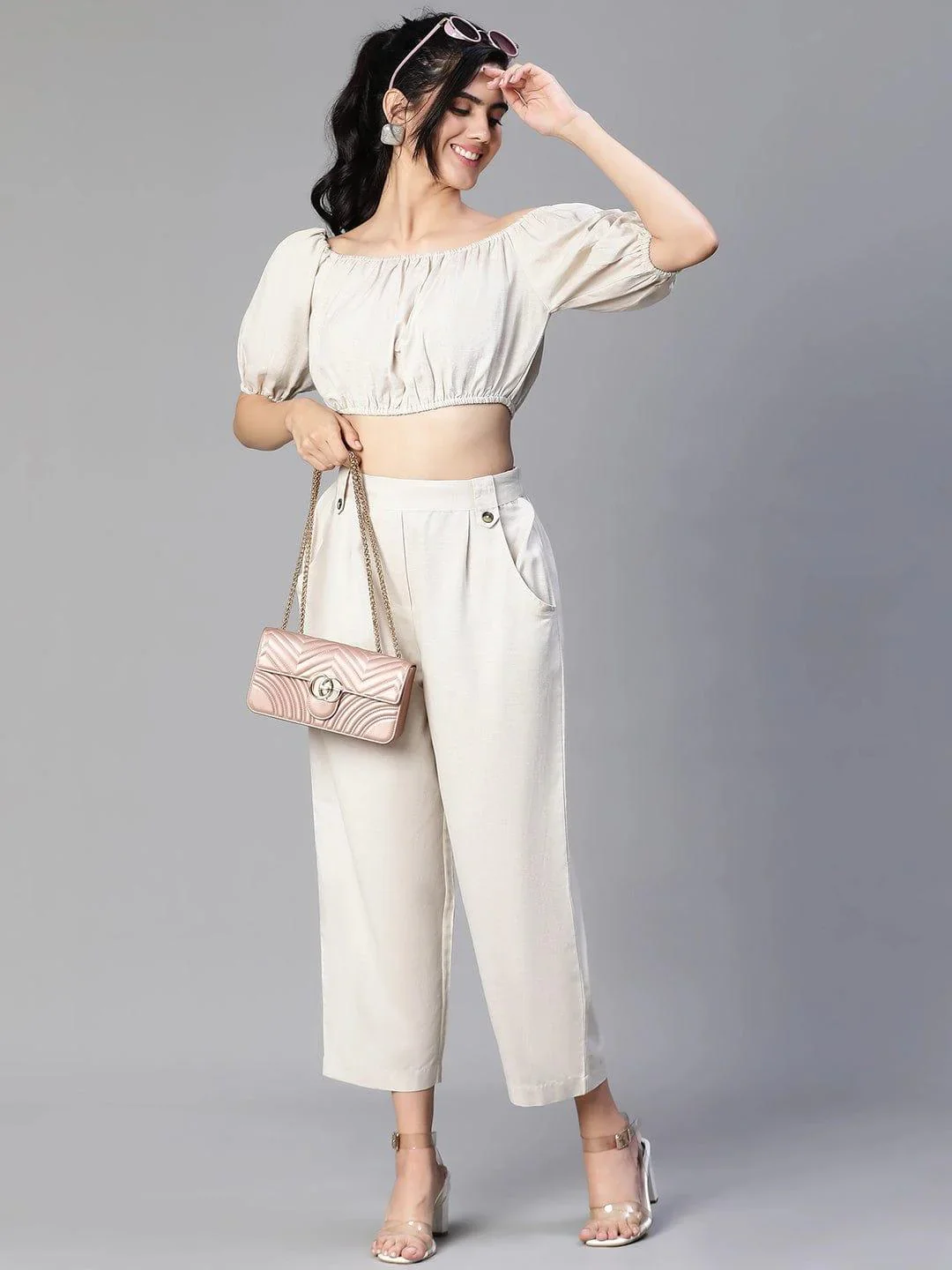 Solid Beige Cold Shoulder Top And Elasticated Pant Co-Ords - Image 7