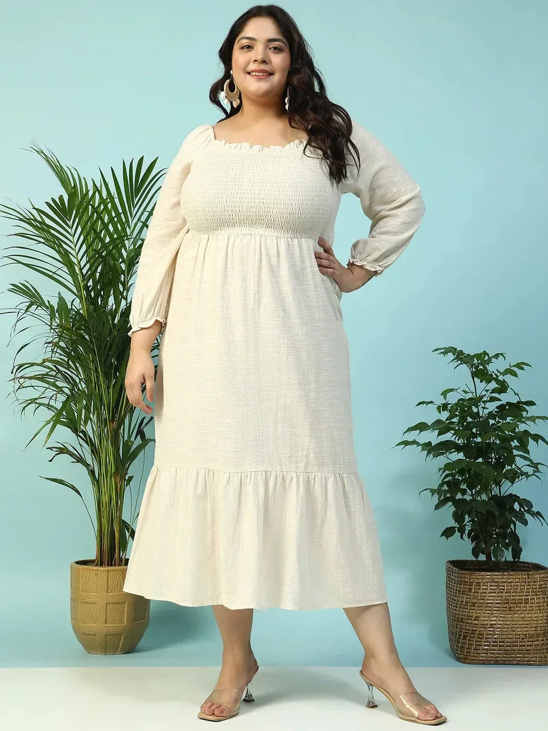 Solid Beige Long Sleeve Plus Size Women Long Cotton Dress - Image 2