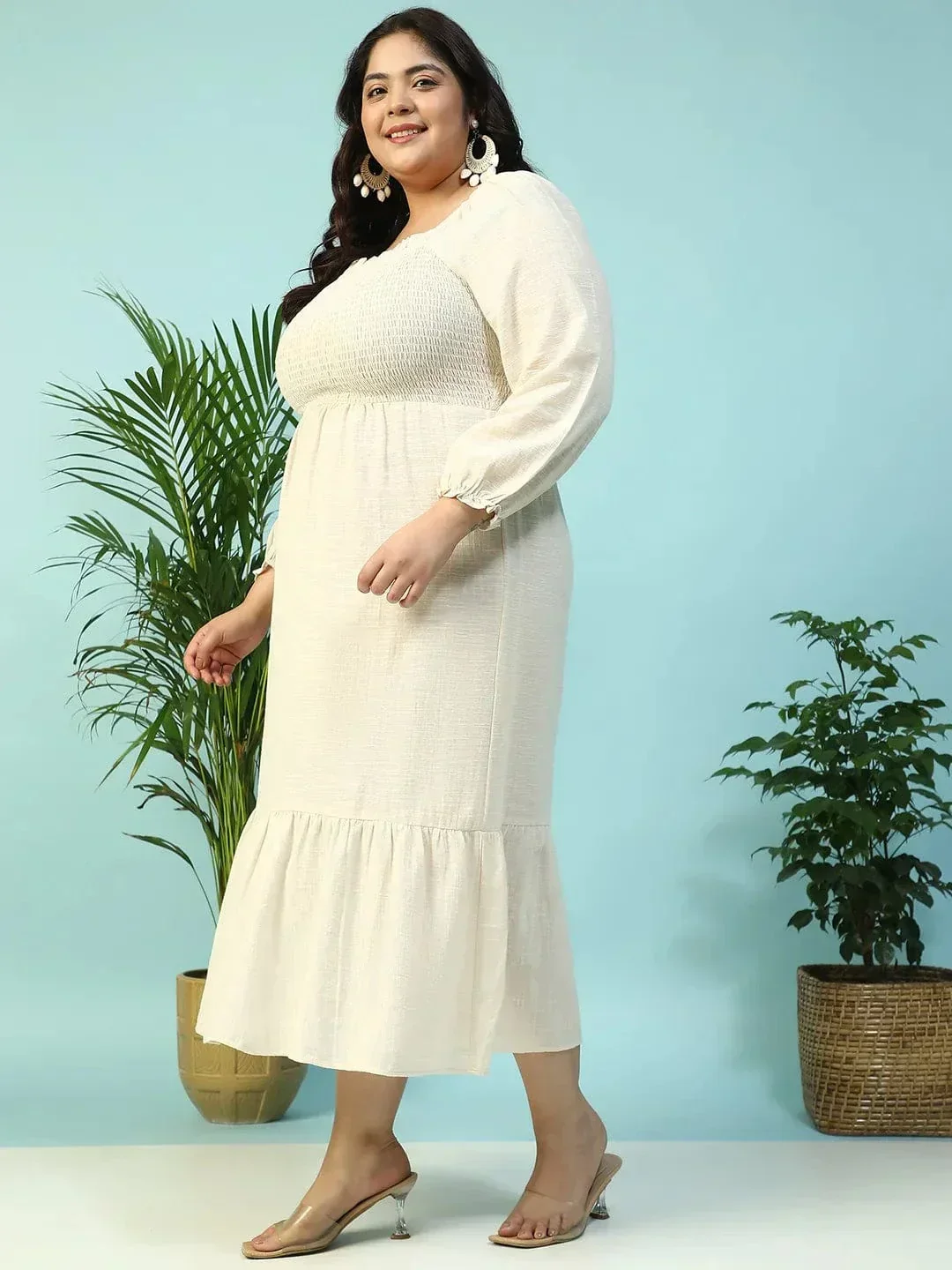 Solid Beige Long Sleeve Plus Size Women Long Cotton Dress - Image 3