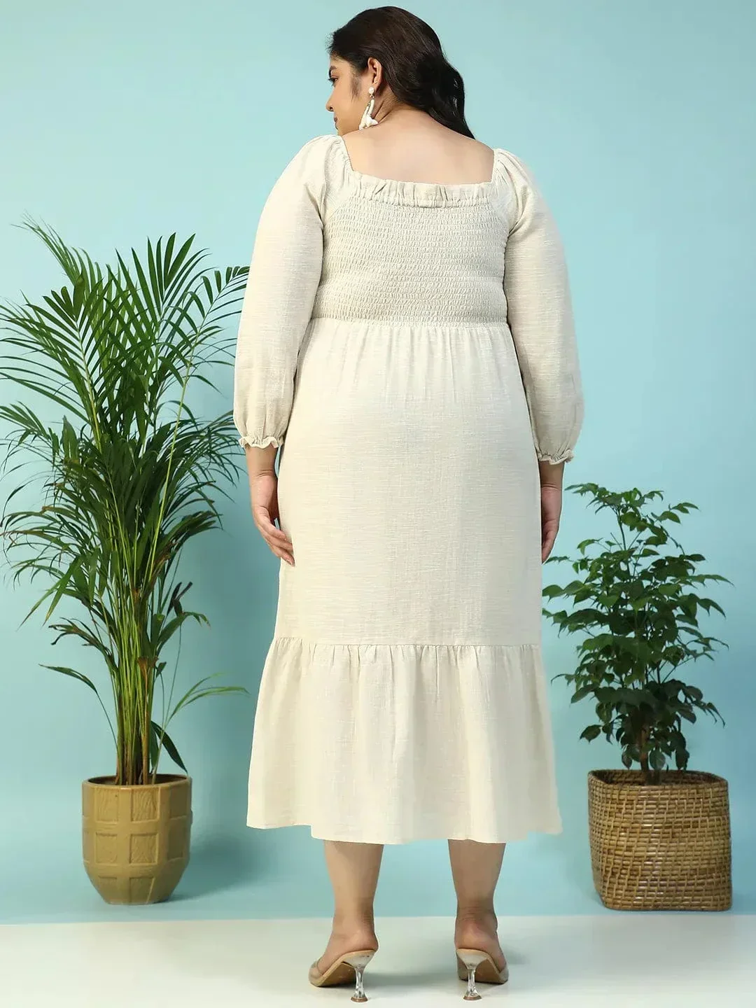 Solid Beige Long Sleeve Plus Size Women Long Cotton Dress - Image 5