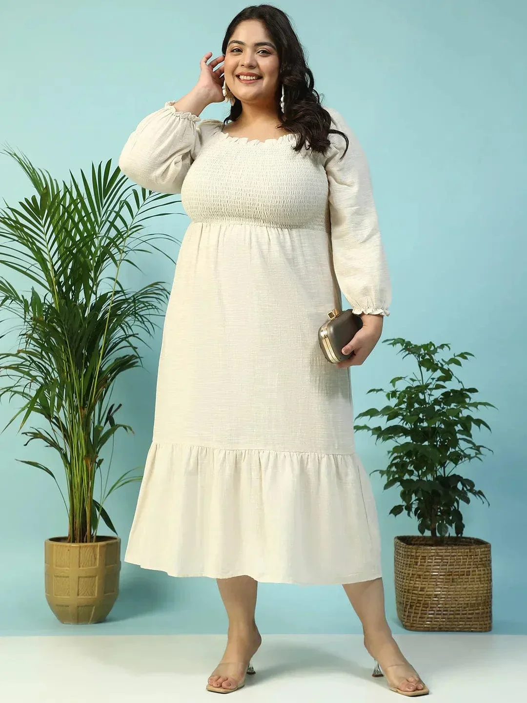 Solid Beige Long Sleeve Plus Size Women Long Cotton Dress - Image 7