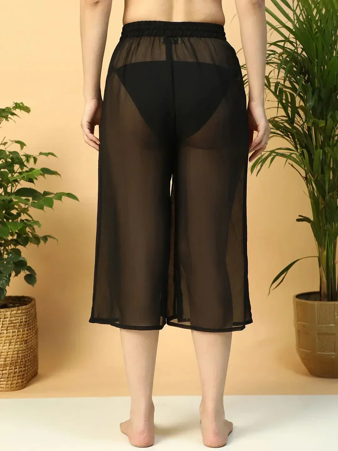 Solid Black Elasticated Waist With Tie-Up Detail women Beachwear Culottes - Image 5