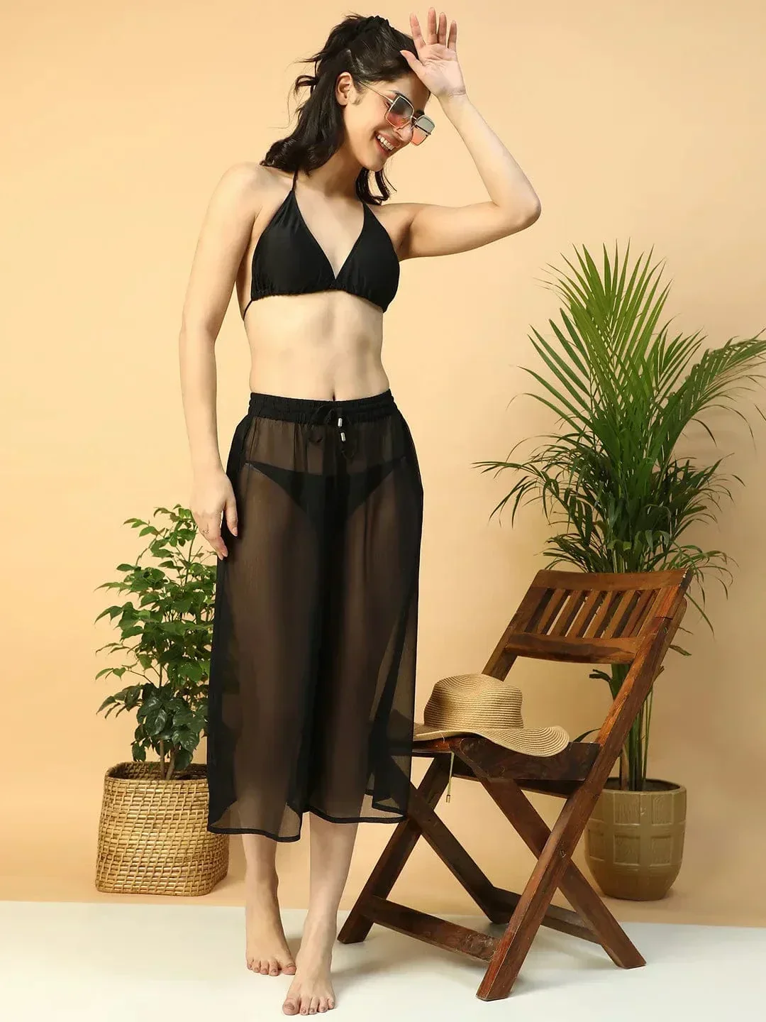 Solid Black Elasticated Waist With Tie-Up Detail women Beachwear Culottes - Image 8
